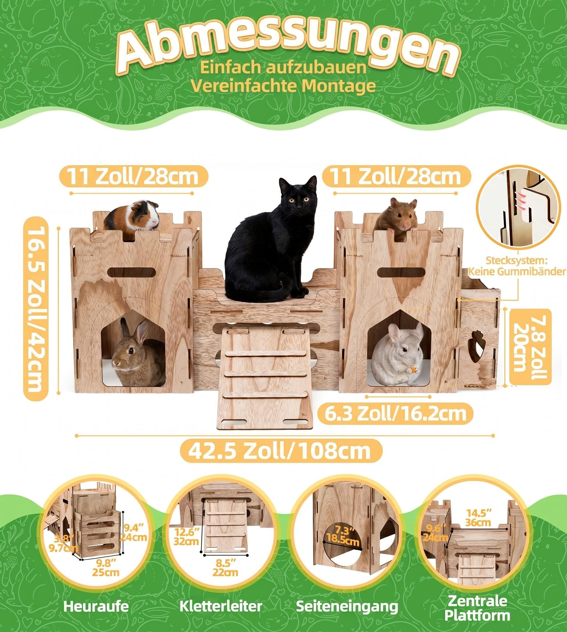 HIIMALEX Bunny Castle Spielhaus, mehrstöckiger Kletterturm mit Tunnelversteck für Kaninchen, belüftet, stabiles Anreicherungsspielzeug, Innenraum, mit Rampe (Walnußfarbe 1T)
