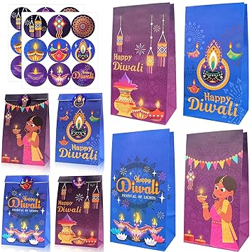 HOWAF 12pcs Happy Diwali Party Decorations Supplies, Happy Diwali Gift Bags for Indian Diwali Festival, Festival of Lights Party Treat Bags Diwali Theme Candy Bags Cookie Bags