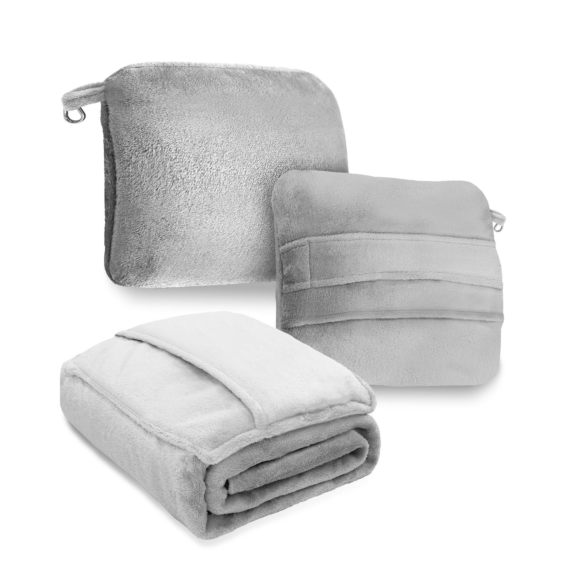 DEZ FURNISHINGS 4-in-1 Travel Compact Blanket Pillow Super Soft Velvet with Luggage Sleeve and Backpack Clip, Gray, 60" x 45"-image-41