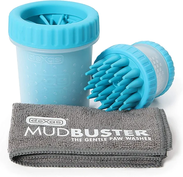 Dexas MudBuster Portable Pet Cleaning Kit with Dog Paw Washer, Pet Bathing Brush, Microfiber Towel, Small, Blue