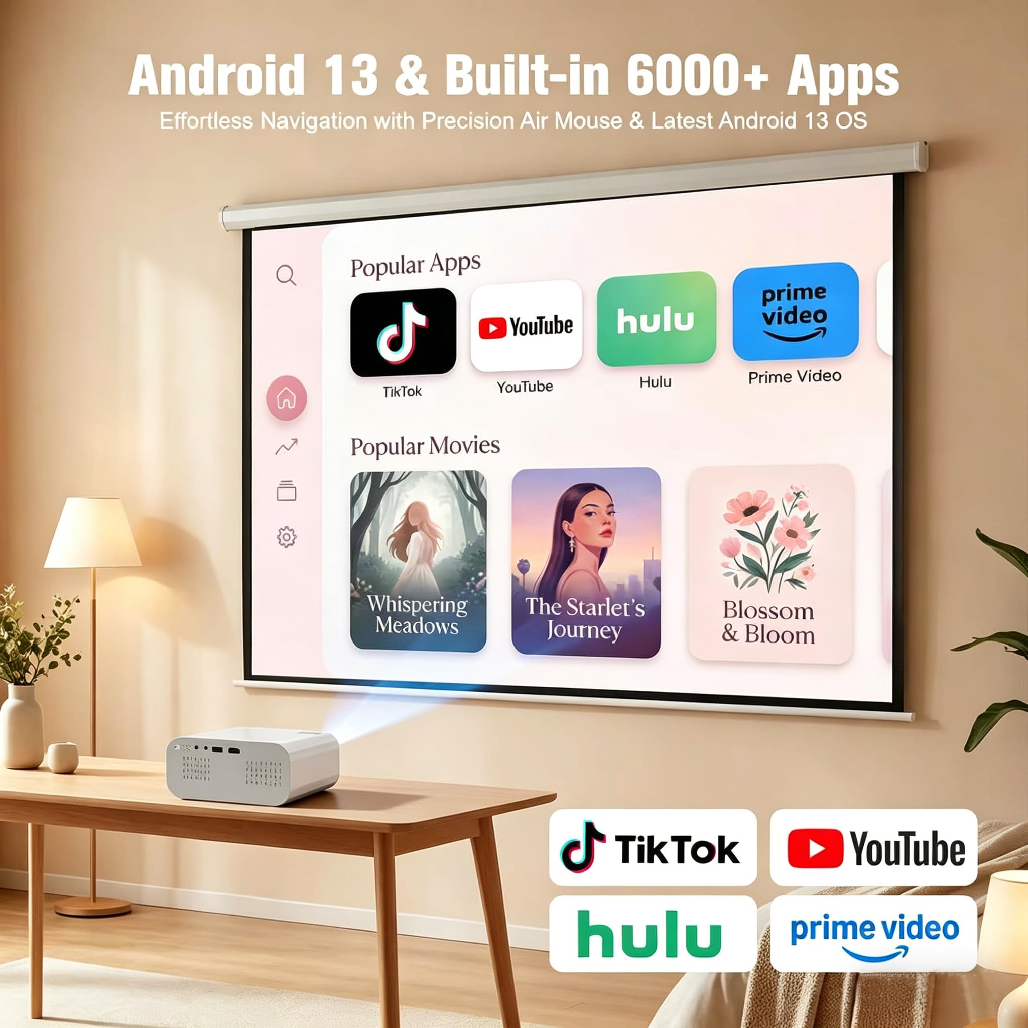 Proiettore P7 Pro, proiettore portatile 4K con WiFi e supporto Bluetooth 1080P, correzione trapezoidale elettrica, Netflix/PrimeVideo/YouTube integrato, proiettore cinematografico per interni ed