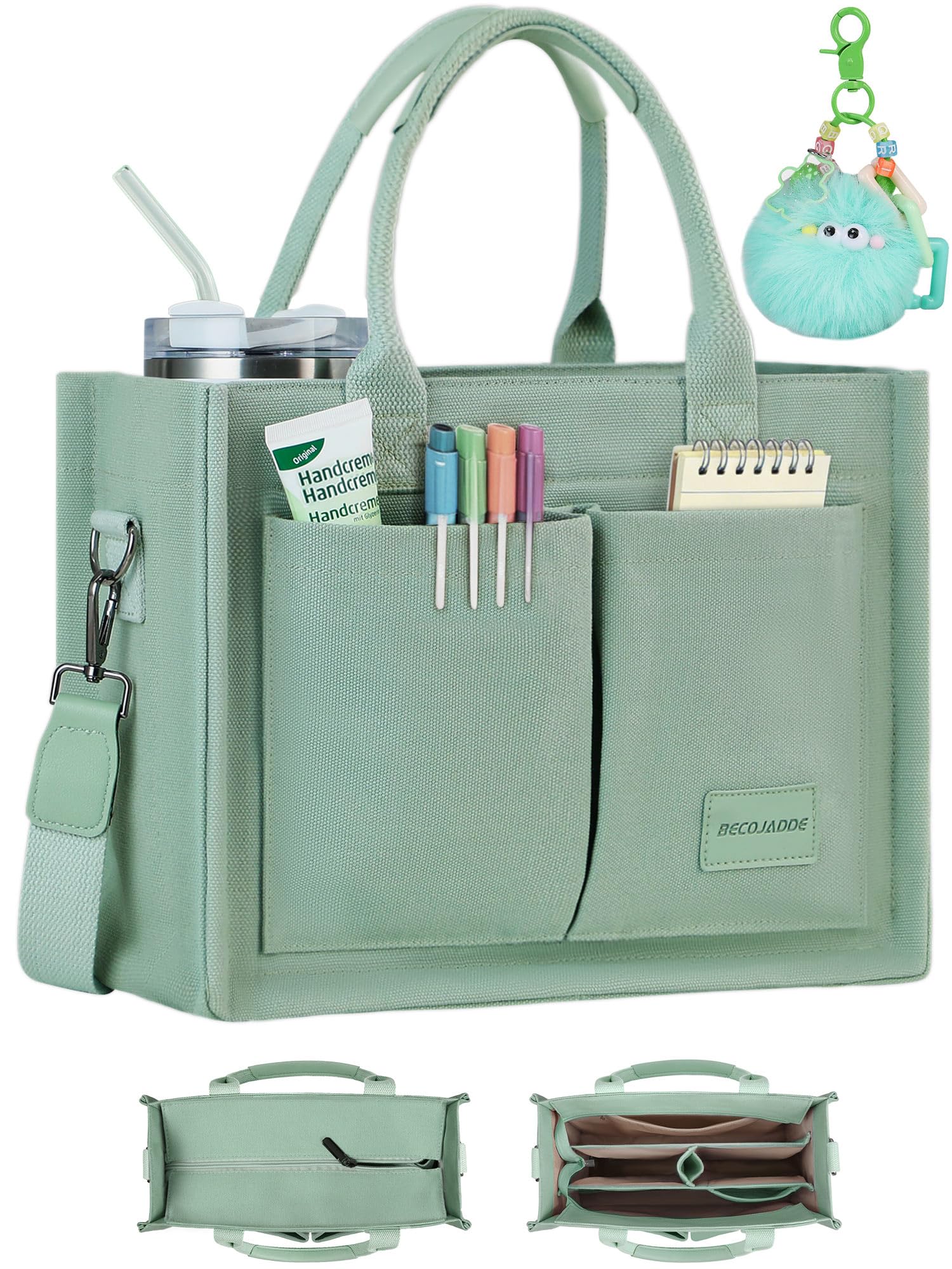 BECOJADDE Structured Canvas Tote Bag for Women, Multi-Compartment Zippered Purse for Work Bible Travel