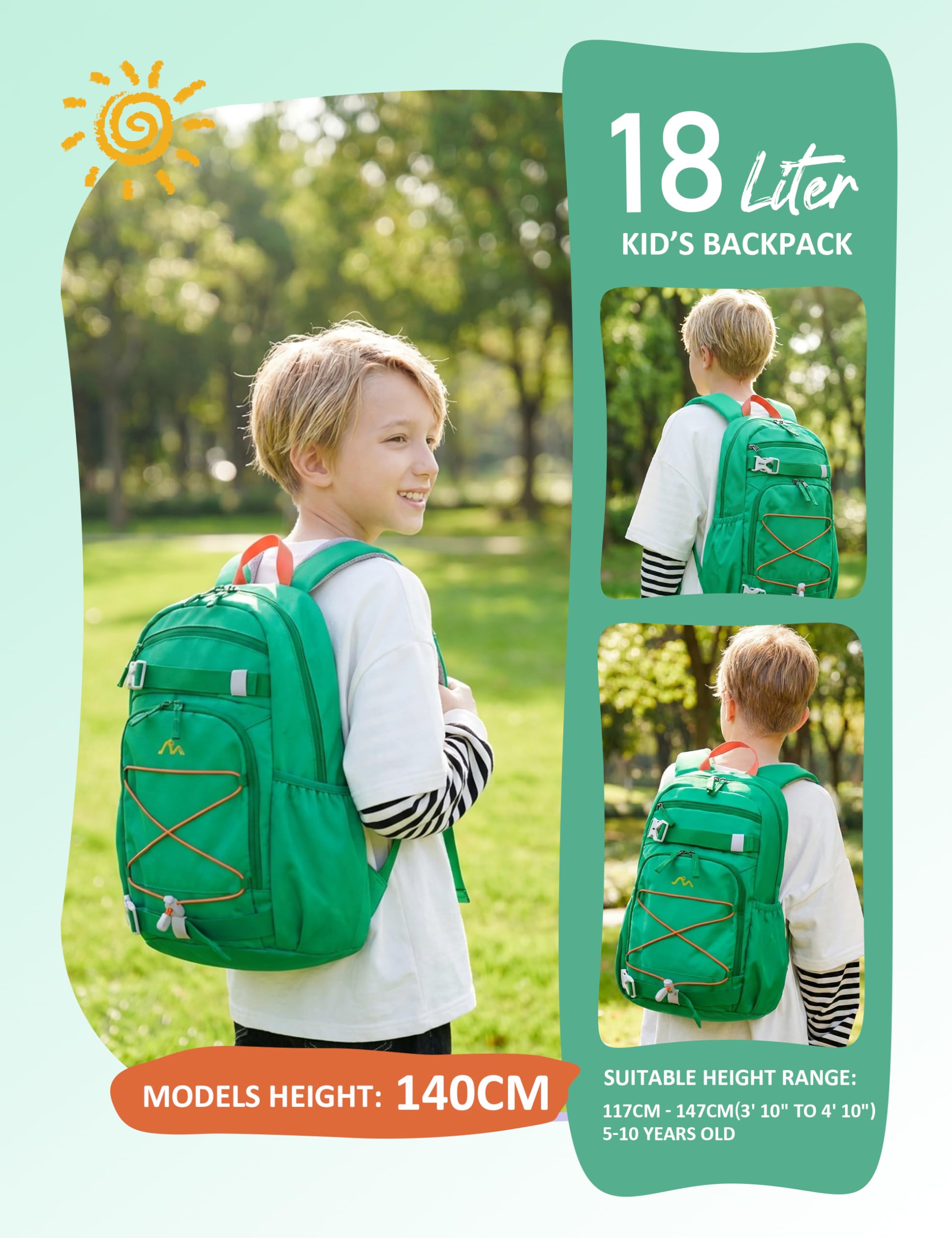 Mountaintop Zaino per bambini, 15 l, con cintura toracica, leggero, per ragazzi e ragazze, ideale per scuola ed escursioni (25 x 14 x 41 cm), ergonomico e traspirante