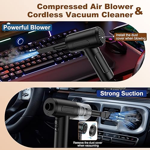 Miniatura 2 de Plumero de aire comprimido 3 en 1 y mini aspiradora y bomba de mano, 3 engranajes ajustables de 100,000 rpm, plumero de aire eléctrico de mano,