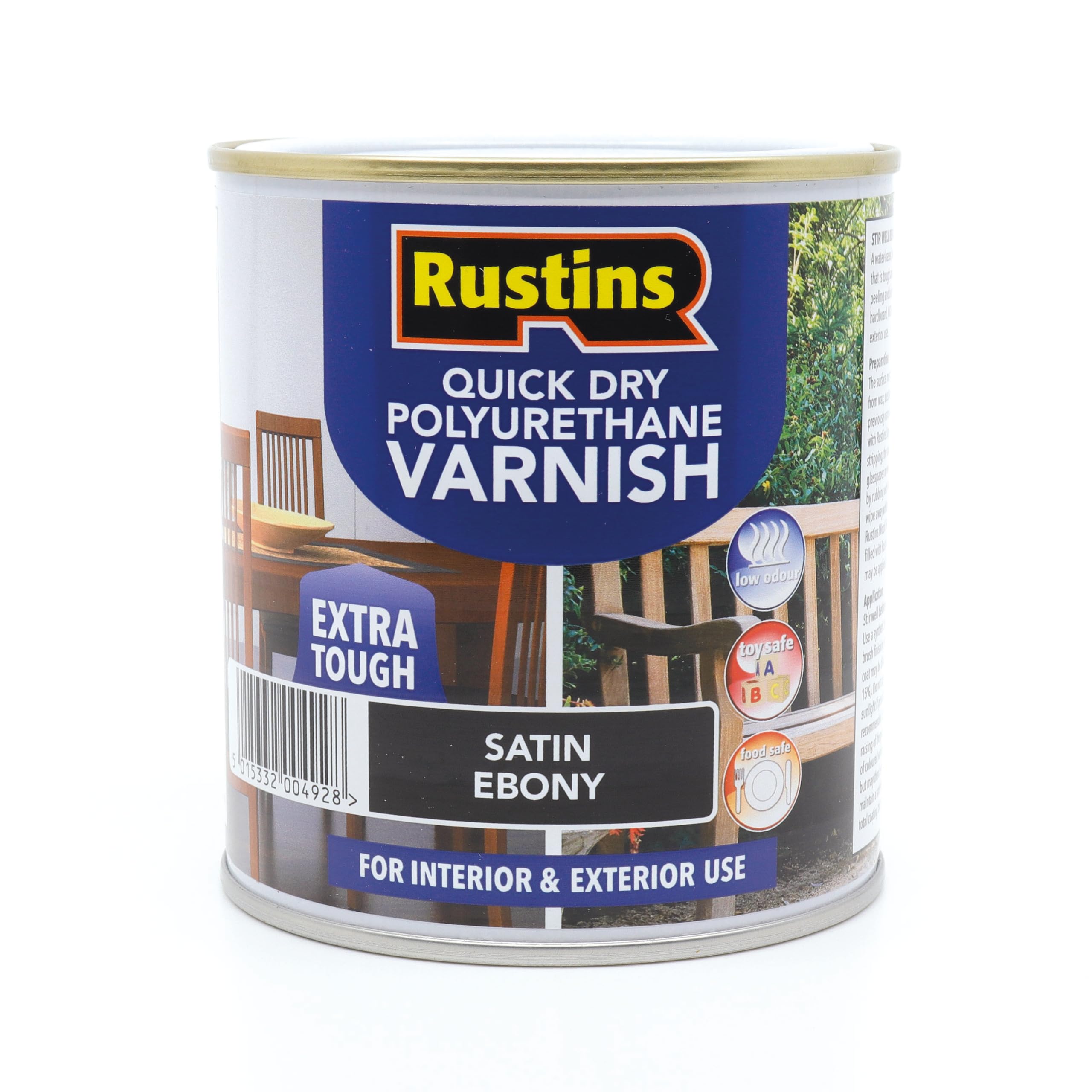 Rustins QD Poly Varnish Satin Ebony - Brown - 500ml - Quick Drying Polyurethane Varnish for Interior & Exterior Wood