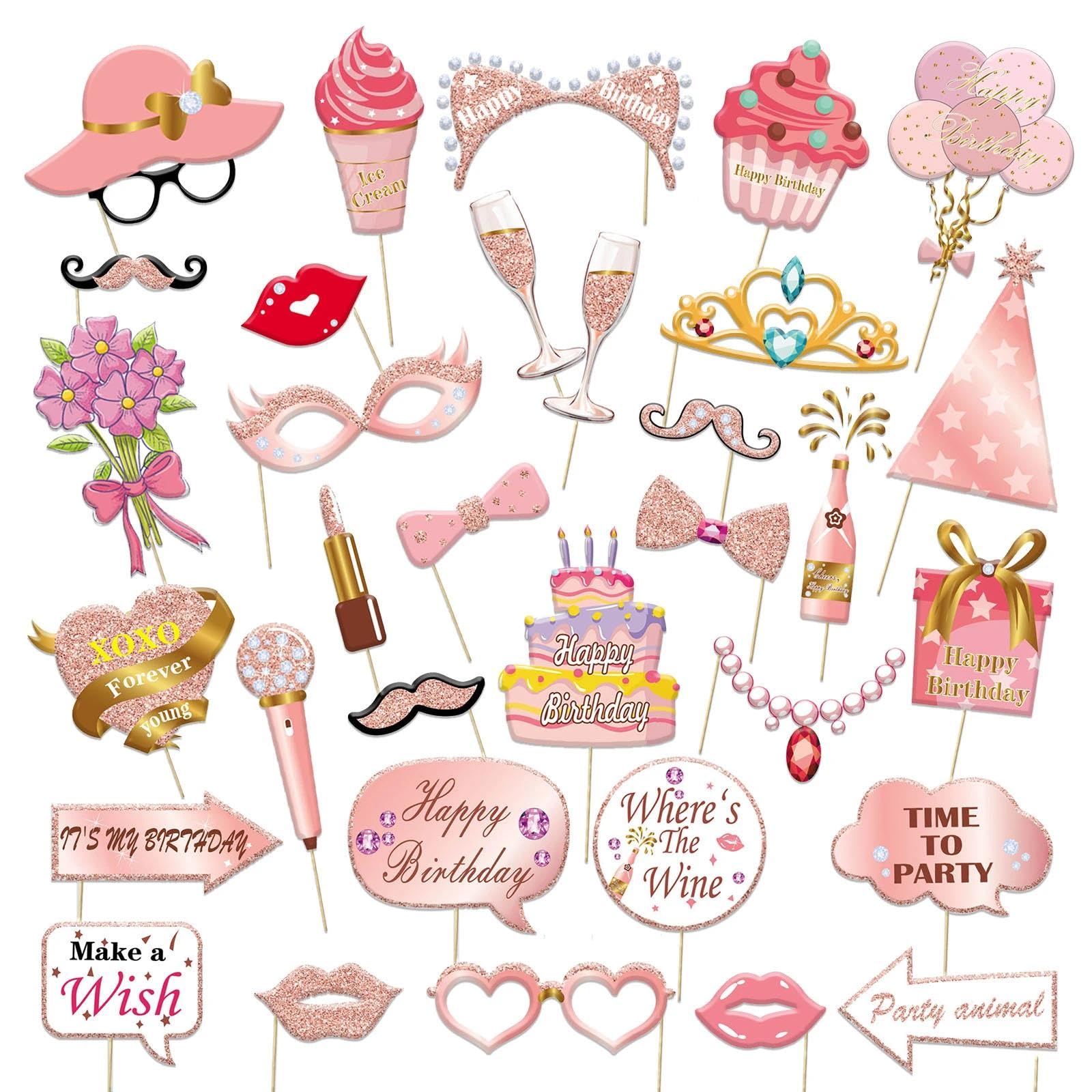 Zamety 33 Pcs Photo Booth Props, Rose Gold Photo Booth Props Birthday, Suitable for Use in Photobooth, Birthday Party, Holiday Party Supplies Theme