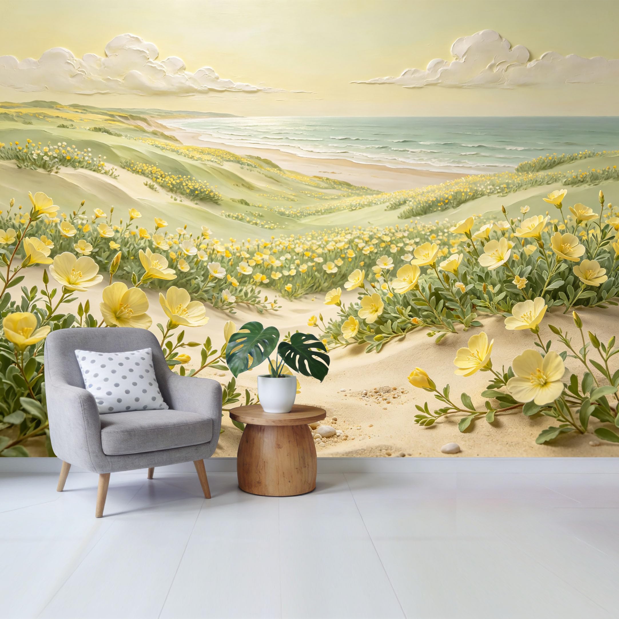 Qzlithotic Yq2605251184 Custom Size Wall Mural Coastal Sand Dunes Yellow Wildflower Landscape Watercolor Textured Selfadhesive Wall Fabric Removable Wallpaper For Home Office Decor