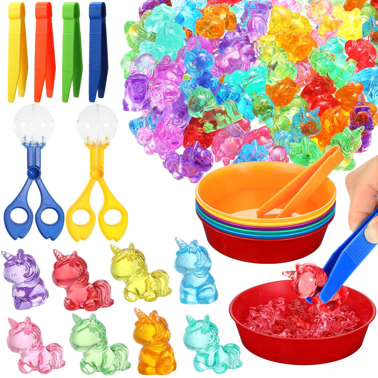 Leitee 62 Pcs Sensory Bin Filler Include 50 Unicorn Acrylic Beads 4 Tweezers 2 Scissors Clips 6 Cups Fine Motor Toys Set for Boys Girls Early