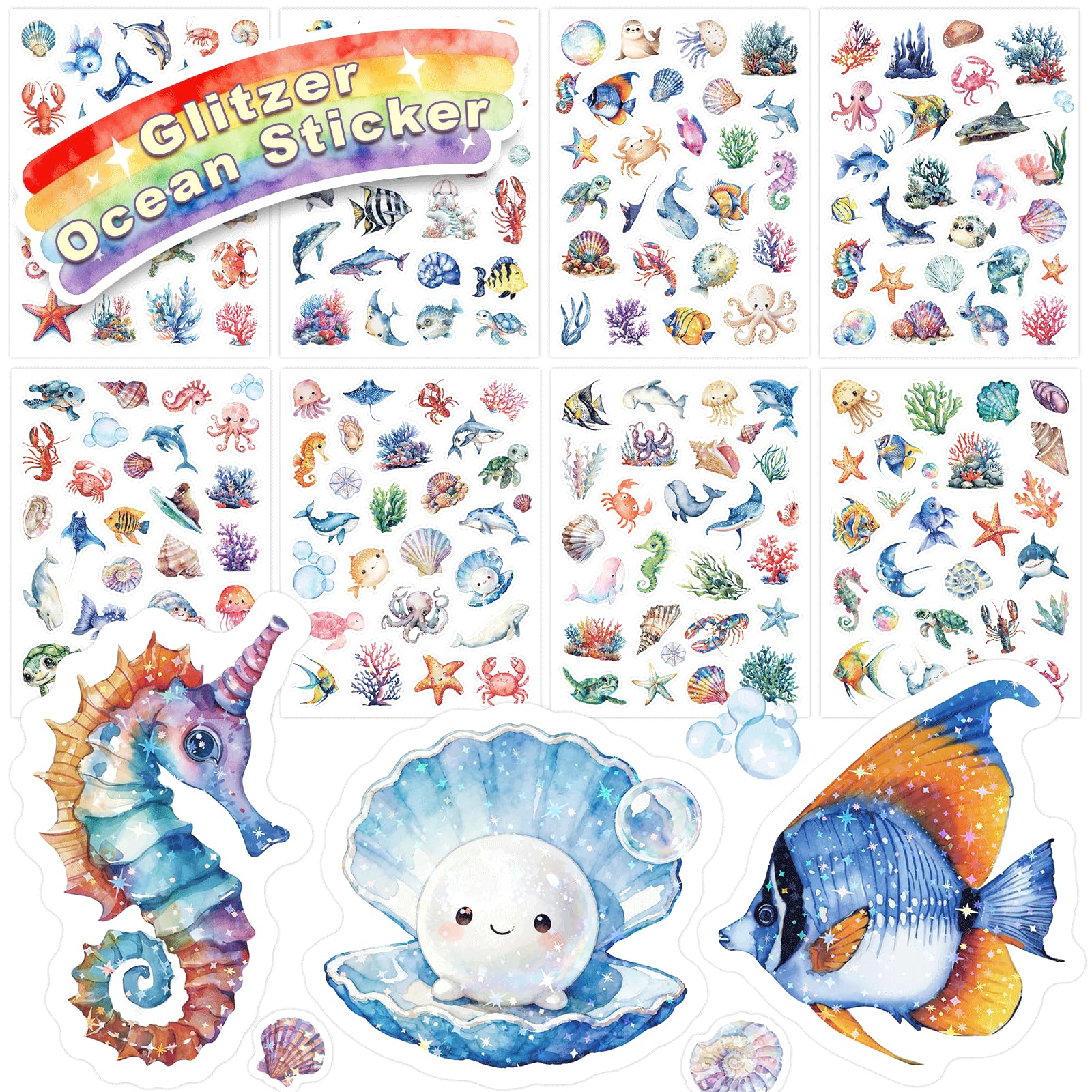 Ocean Glitter Stickers for Kids,8 PCS Cute Ocean Stickers for Scrapbooking, Teachers Classroom Prizes, Birthday Gift Idea, Party Favors,Laptop