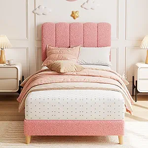 GarveeHome Twin Bed Frame, Boucle Upholstered Platform Bed with Wave Headboard for Girls/Kids, Easy Assembly, Wooden Slats Support, No Box Spring Needed, Light Pink