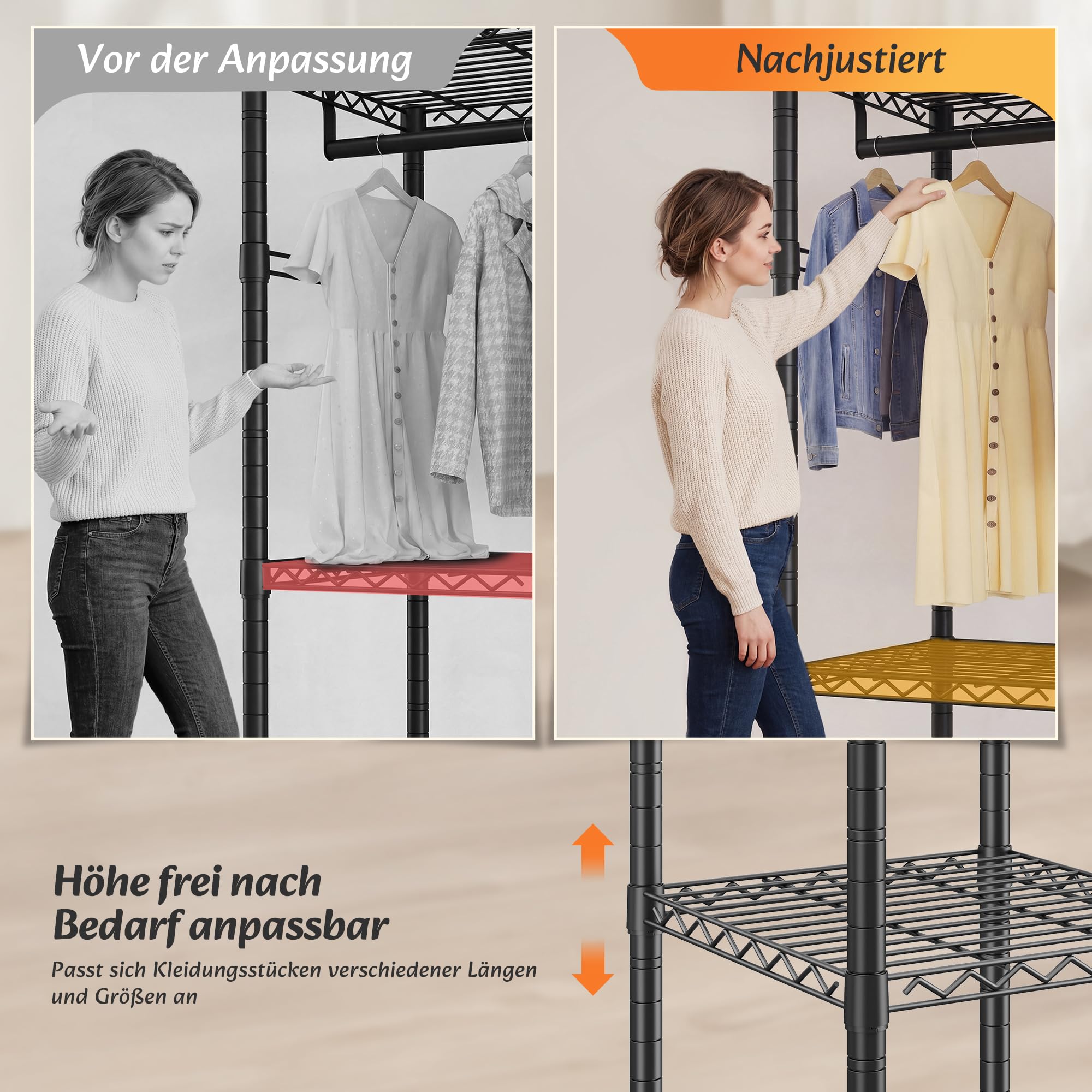 Offener Kleiderschrank mit 3 Regalböden & 4 Haken für Mäntel, Jacken | Höhenverstellbarer Kleiderständer mit 2 Kleiderstangen,200 KG Tragfähigkei,für Schlafzimmer,Eingangsbereich,Schwarz