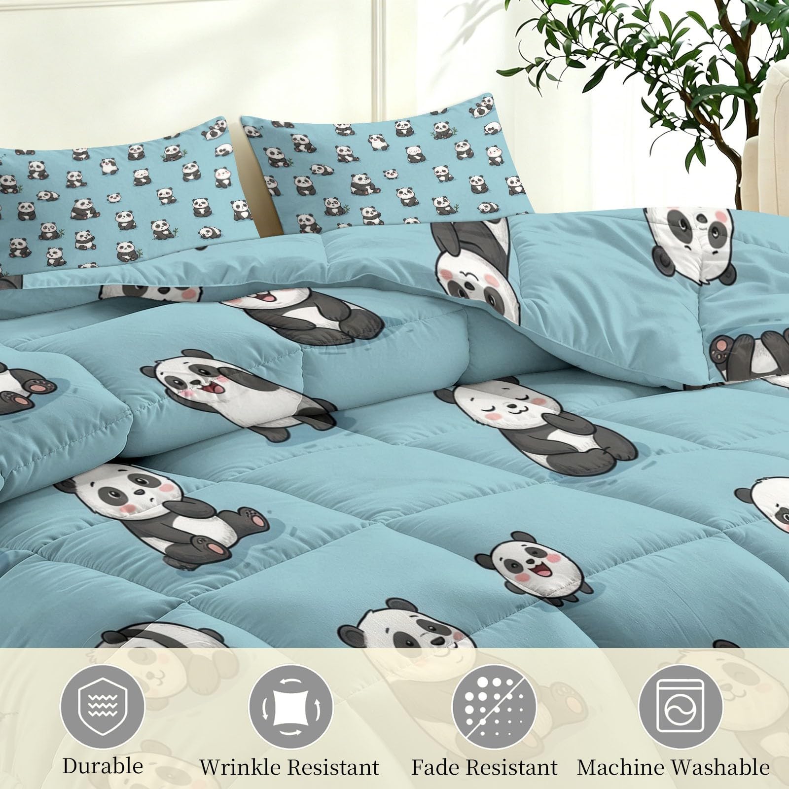 Bettdecke 155x220 cm 4 Jahreszeiten, Süßer Panda Warm Weiche Steppdecke mit 2 Kissenbezügen 80x80 cm, Blau Waschbare Cartoon Tiere Wende Ganzjahresdecke ohne Bezug für Kinderzimmer