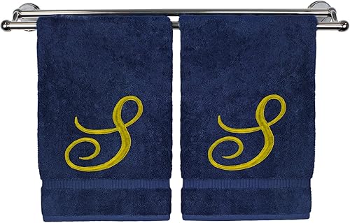 Script S - Toalla de mano con monograma, regalo personalizado, 16 x 30 pulgadas, juego de 2, toalla bordada dorada, extra absorbente, 100% algodón