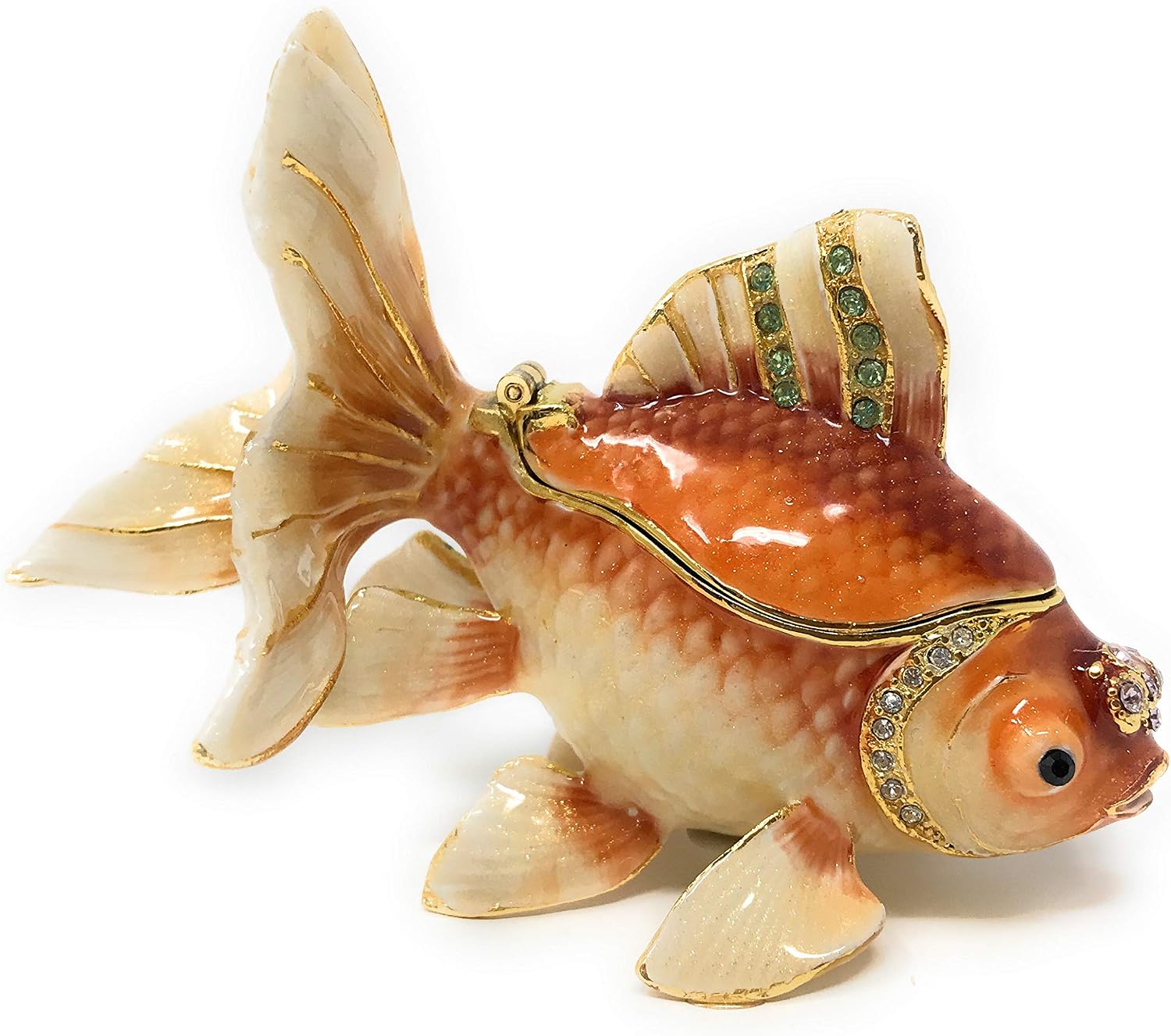 Enameled Fantail Koi Goldfish Trinket Box, Accented with Austrian Crystals, 3.5 Inches Long
