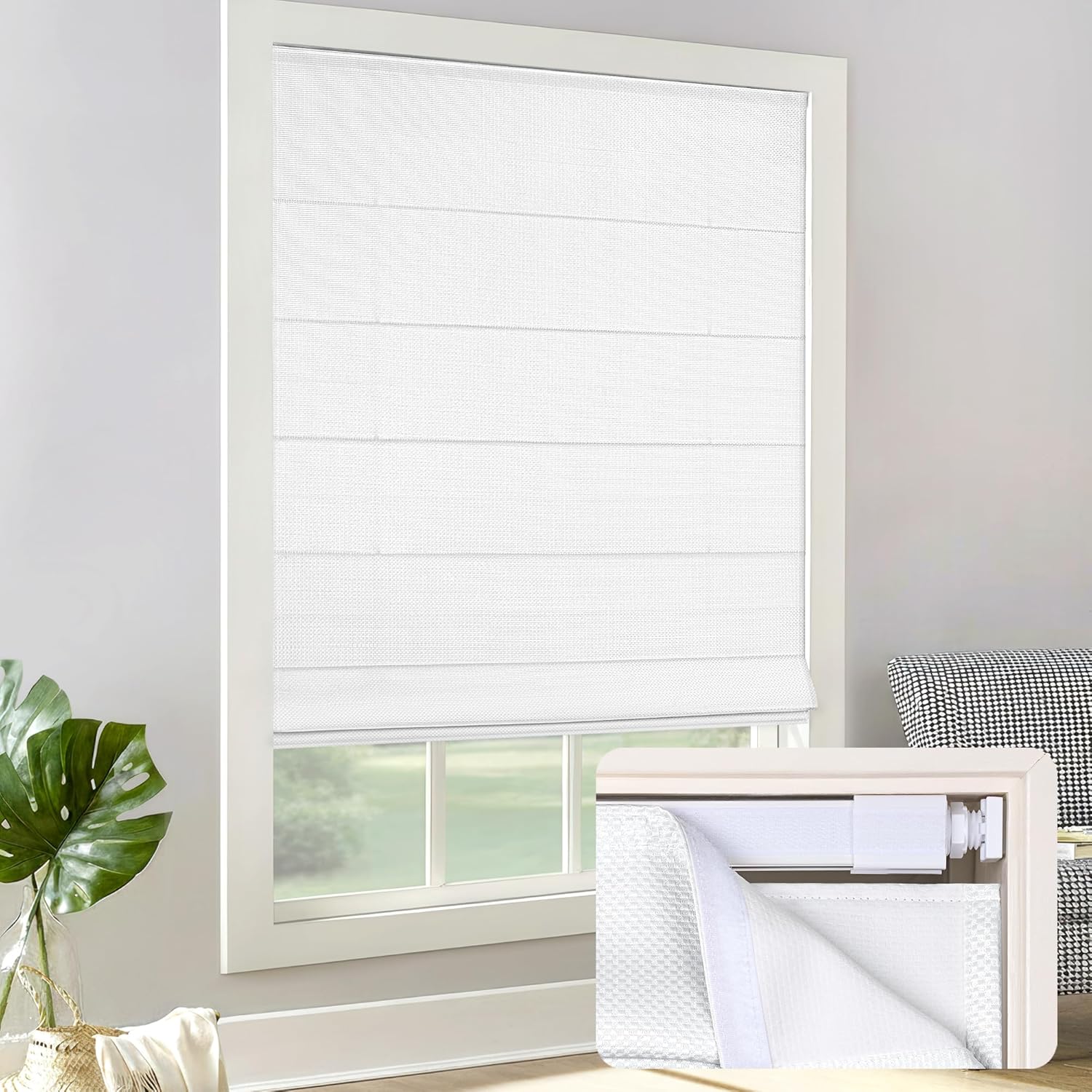 LazBlinds Cordless Roman Shades - No Tools No Drill Easy Install Blackout Window Blinds, Thermal Insulated Room Darkening with UV Blocking for Bedroom/Living Room, Window Size 26" W x 48" H, White White 26"W x 48"H