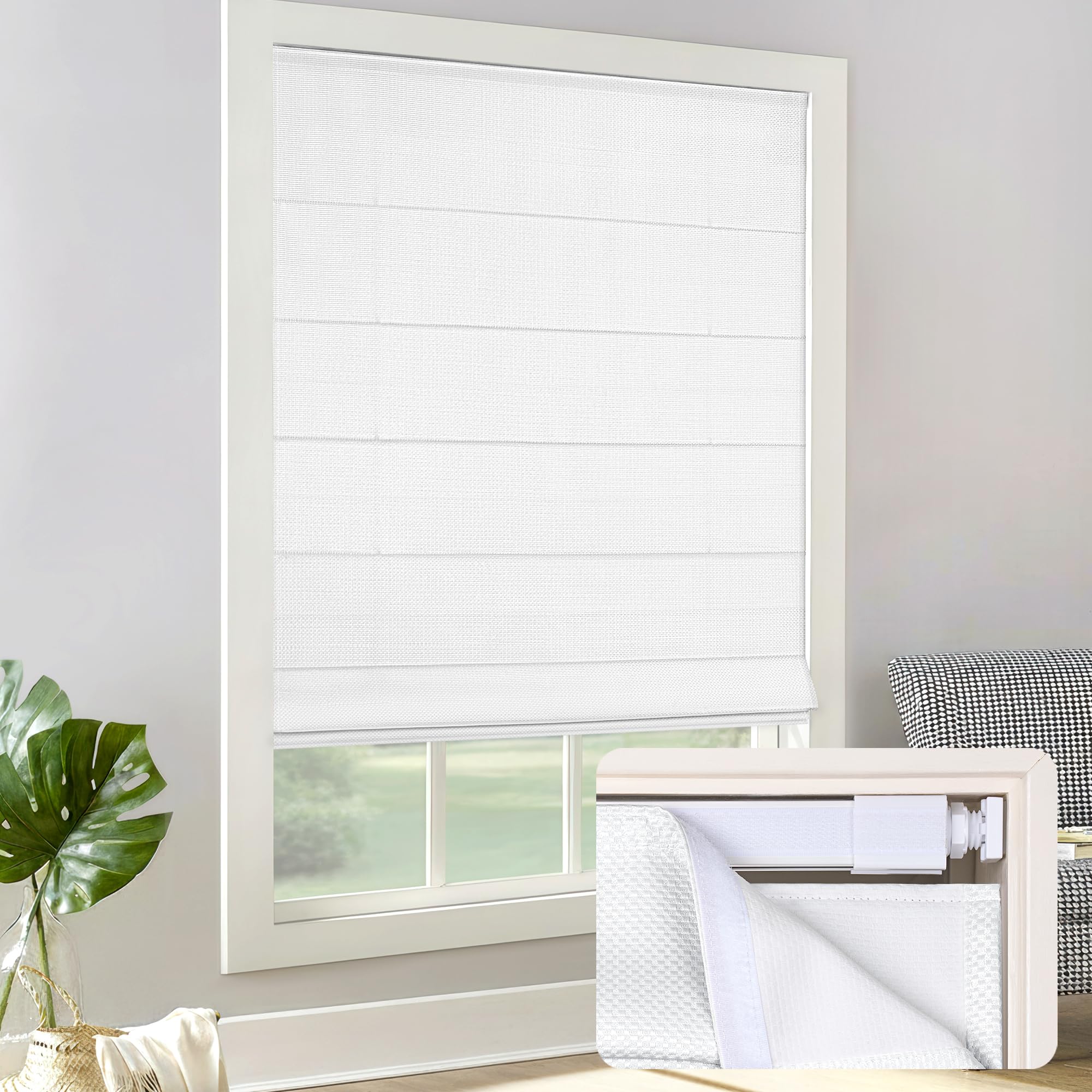LazBlinds Cordless Roman Shades - No Drill Easy Install Light Filtering Window Blinds, Thermal Insulated Room Darkening with UV Blocking for Bedroom/Living Room, Window Size 34" W x 64" H, White
