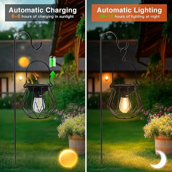 Ketom 2 Pezzi Lanterna Solare da Esterno, IP65 Impermeabile Lampada Solare da Giardino, Appendere/In Piedi, LED Retro Illuminazione per Balcone Terrazza Festa Decorazione, Bianco Caldo, A forma di V - 3