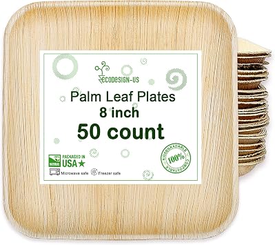 Palm Leaf Plates 8 Inch - 50 Count - Heavy Duty Disposable Dinnerware | Square Appetizer and Dessert Like Bamboo Plates for Weddings, Catering, Parties