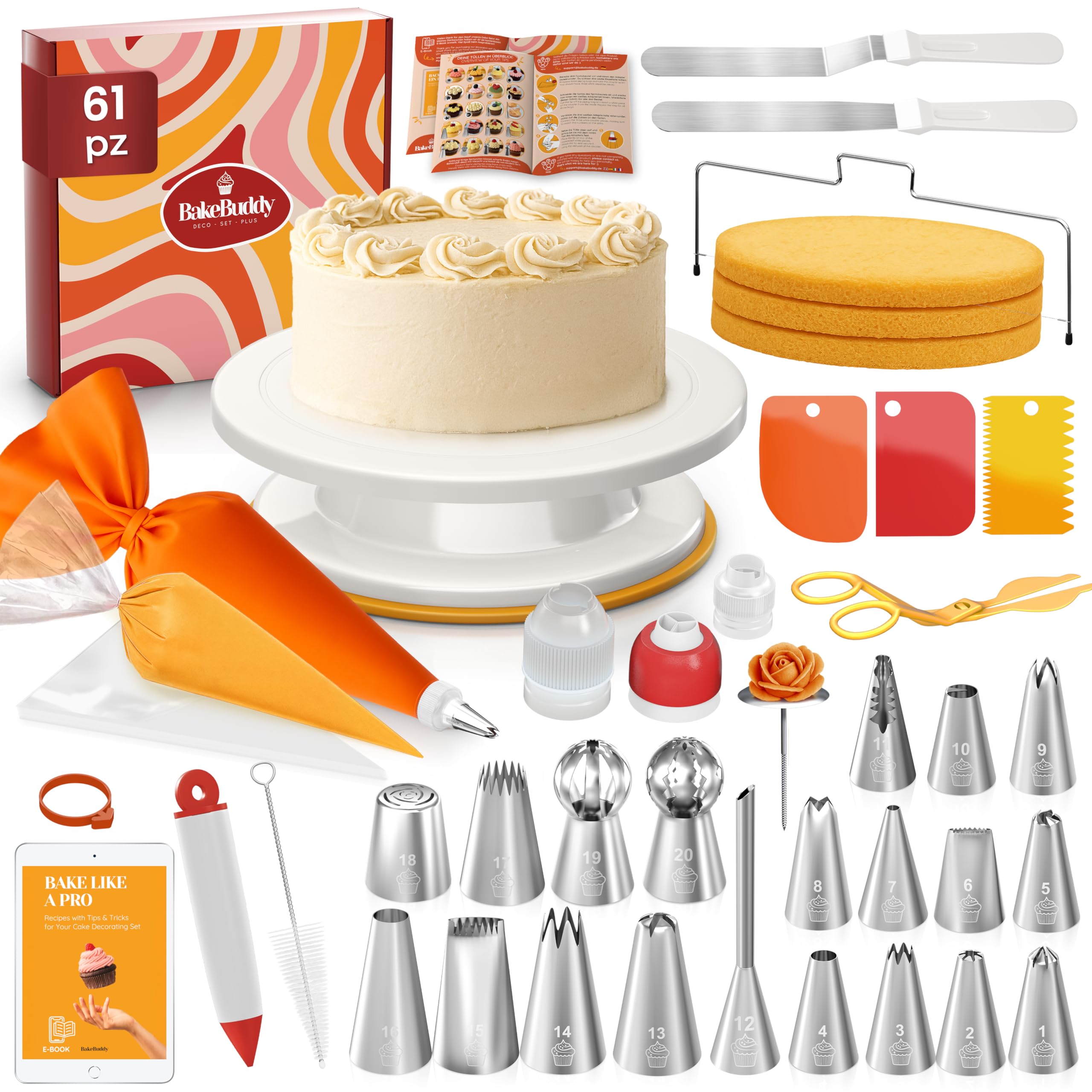 Set di Accessori per Torte (61 Pezzi) – Piatto Girevole per Torte con Beccucci, Sac à Poche, Spatole, Palette e Altri Accessori da Pasticceria per Principianti e Professionisti