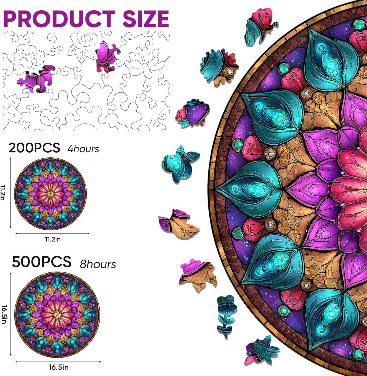 Mocfesk 500 Pieces Mandala Jigsaw Puzzles, Geometric Wooden Puzzles for Adults and Kids, Colorful Mandala Puzzles for Grandparents, Family Decor with Exquisite Wooden Box Packaging 16.5'' x 16.5''