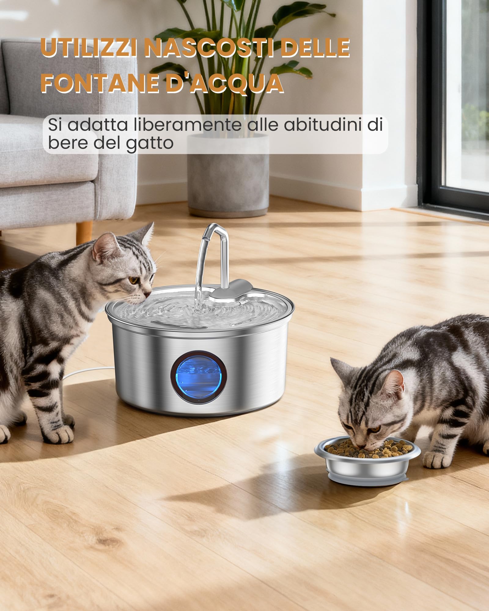 Kittyspout Fontana per Gatti, 3,2 L Fontanella per Gatti Acciaio Inox SUS 304, Finestra Trasparente, Fontanella Gatto 2 In 1 con Ciotola Rimovibile, Incluso 3 Filtri Ai Carboni Attivi