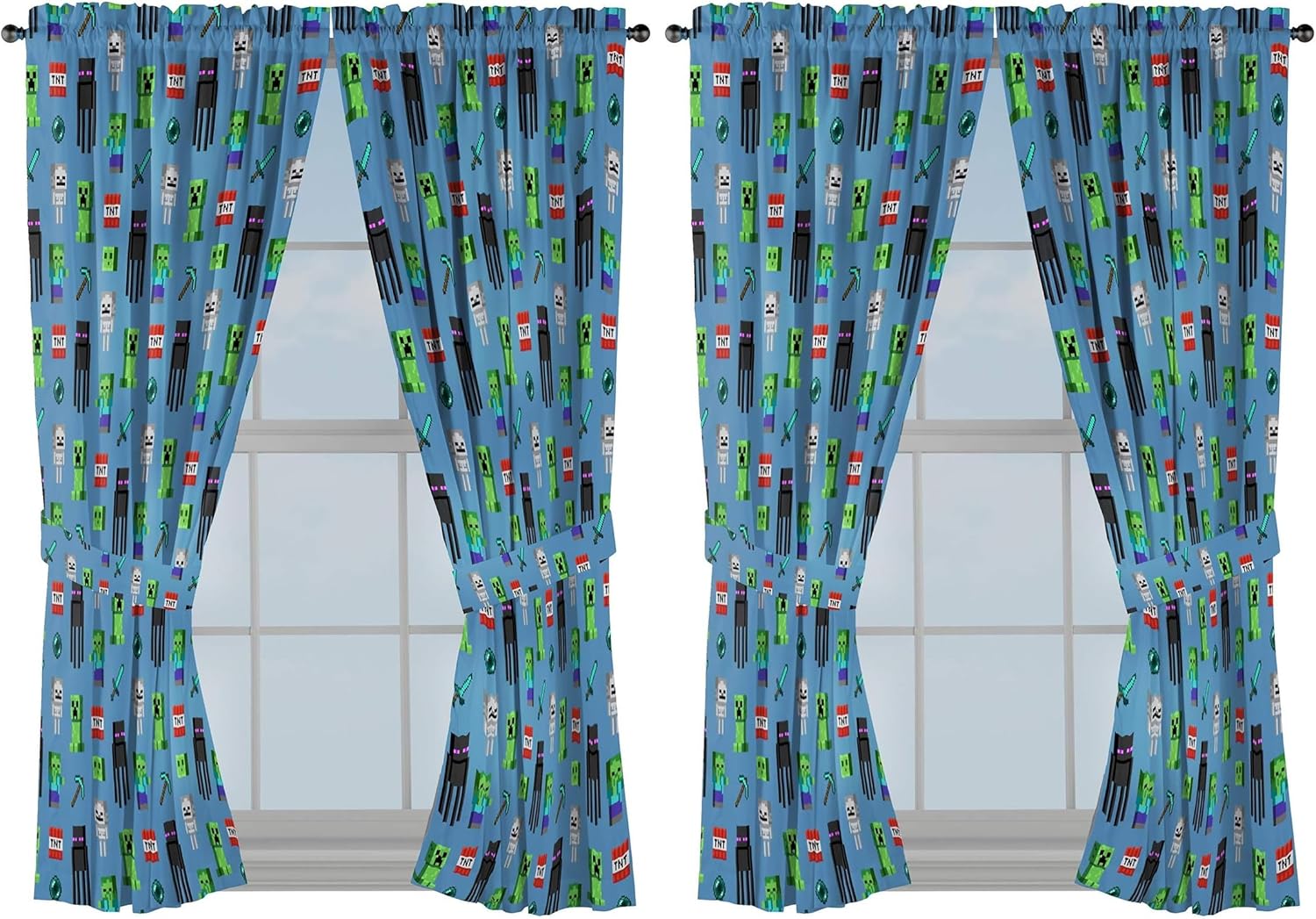 Jay Franco Kids Window Drapes - 4 Piece Curtain Set Includes 2 Tiebacks, Beautiful Bedding Room Décor and Easy Set Up, Blue - Minecraft, 63 Inch (Pack of 2)