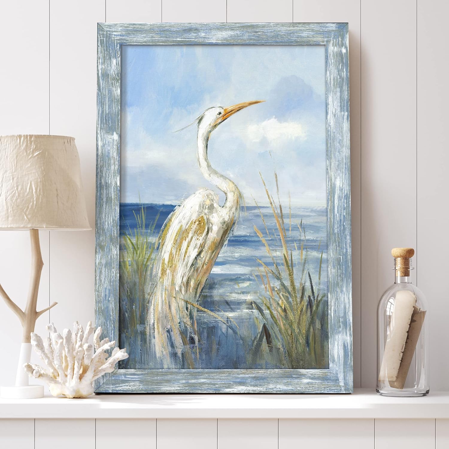 Framed Sea Bird Wall Art: Wooden Blue Coastal Ocean Scene Picture Heron on Beach Painting Artwork Modern Bedroom Bathroom Living Room Wall Decoration Home Office Decor 24”x16”