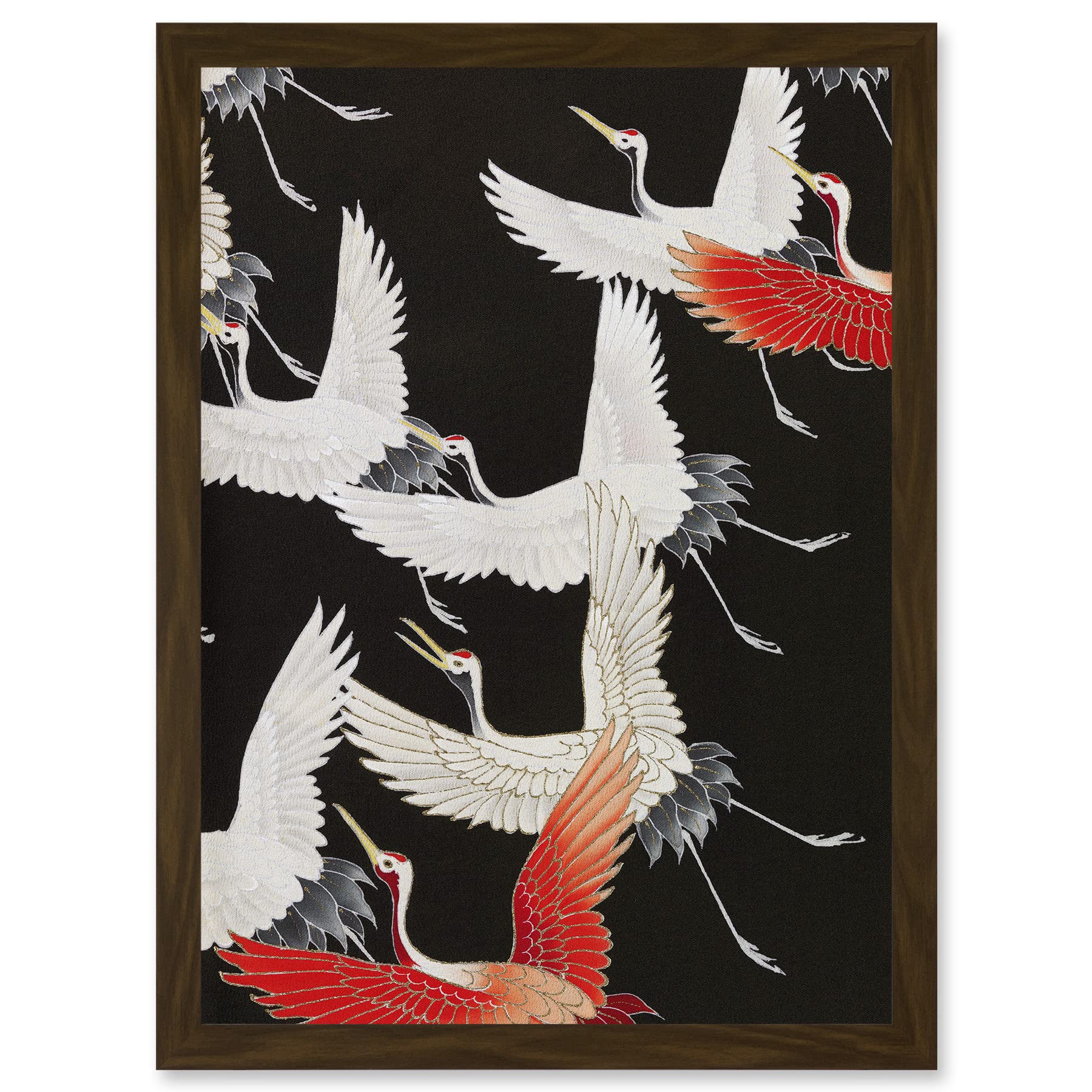 Artery8 Japan Crane Kimono Pattern Framed Wall Art Print A4 - Brown