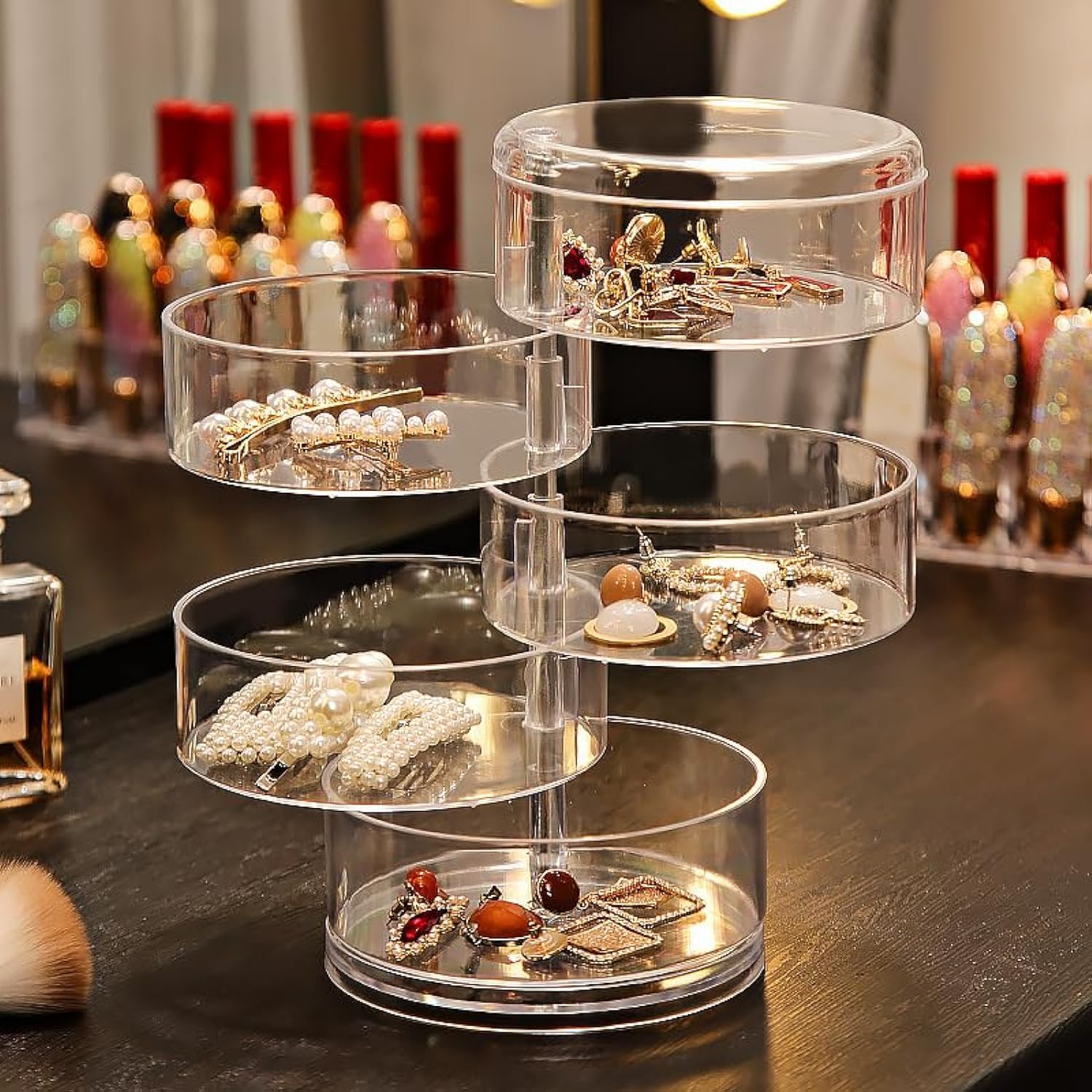 U-HOOME Clear Acrylic Small Jewelry Organizer, 5 Layers Rotating Travel Jewelry Tray Case with Lid for Bracelets Rings,Hair Accessories Earrings Necklace Watch Jewelry Storage Box for Women (5 Layers)