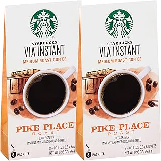 Via Instant Coffee Packets, Pike Place Roast, Medium Roast Coffee, 100% Arabica Instant & Micro ground Coffee, 8 Packets Per Box (Pack of 2 Boxes)