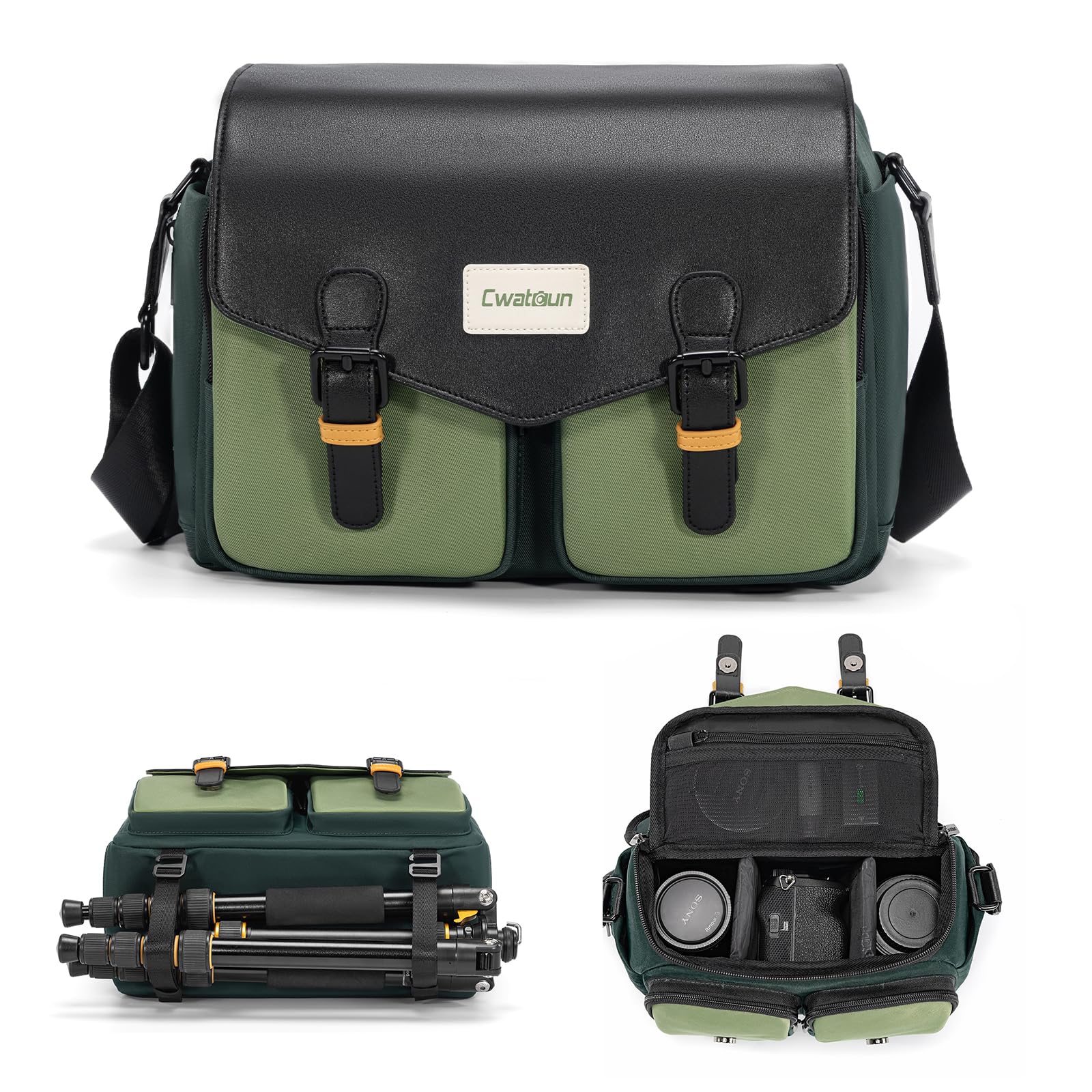 Cwatcun Camera Bag, Waterproof Flap Camera Crossbody Shoulder Messenger Case with Tripod Holder, Travel Photography Bag for Canon, Nikon, Sony, Fuji
