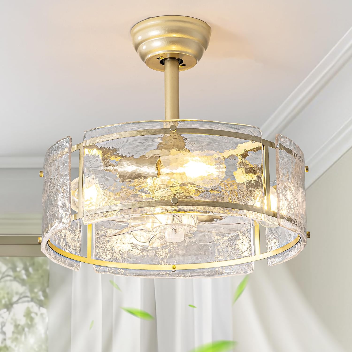 Gold Fandelier Ceiling Fans with Lights, 20" Gold Crystal Chandelier Ceiling Fan with Light Remote Control with Caged Enclosed 6 Speeds for Bedroom, Foyer, Living Room, Nursery