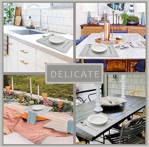 Miniatura 6 de DACHUI Juego de 6 manteles individuales tejidos con aspecto de lino, resistentes al agua, resistentes al calor, lavables, duraderos (plateado)