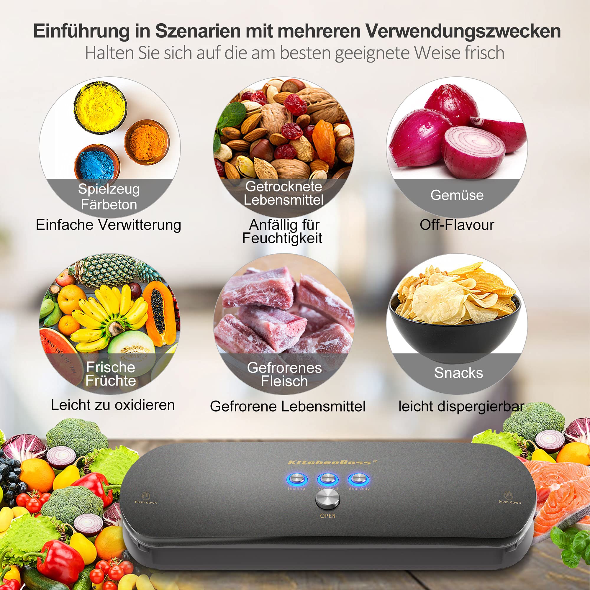KitchenBoss Urządzenie do pakowania próżniowego 3 w 1 do suchych i wilgotnych produktów spożywczych, automatyczne/ręczne zamknięcie próżniowe, zgrzewarka do folii Graphite Gray