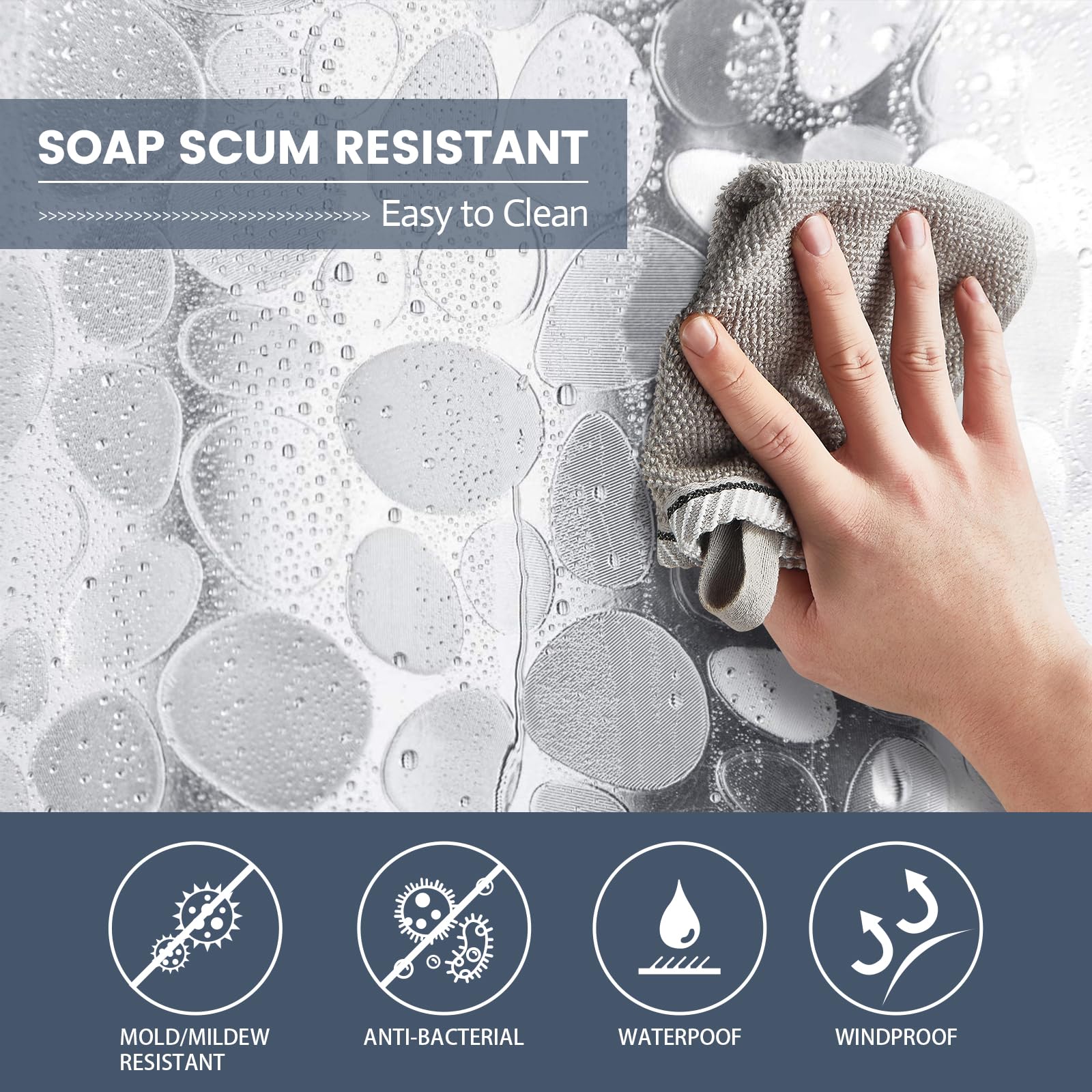 Aeici Shower Curtain Waterproof Shower Curtain for Bathroom Bath W80 X H180 cm, Peva-pebble, 80x180cm(WxH) - Image 4
