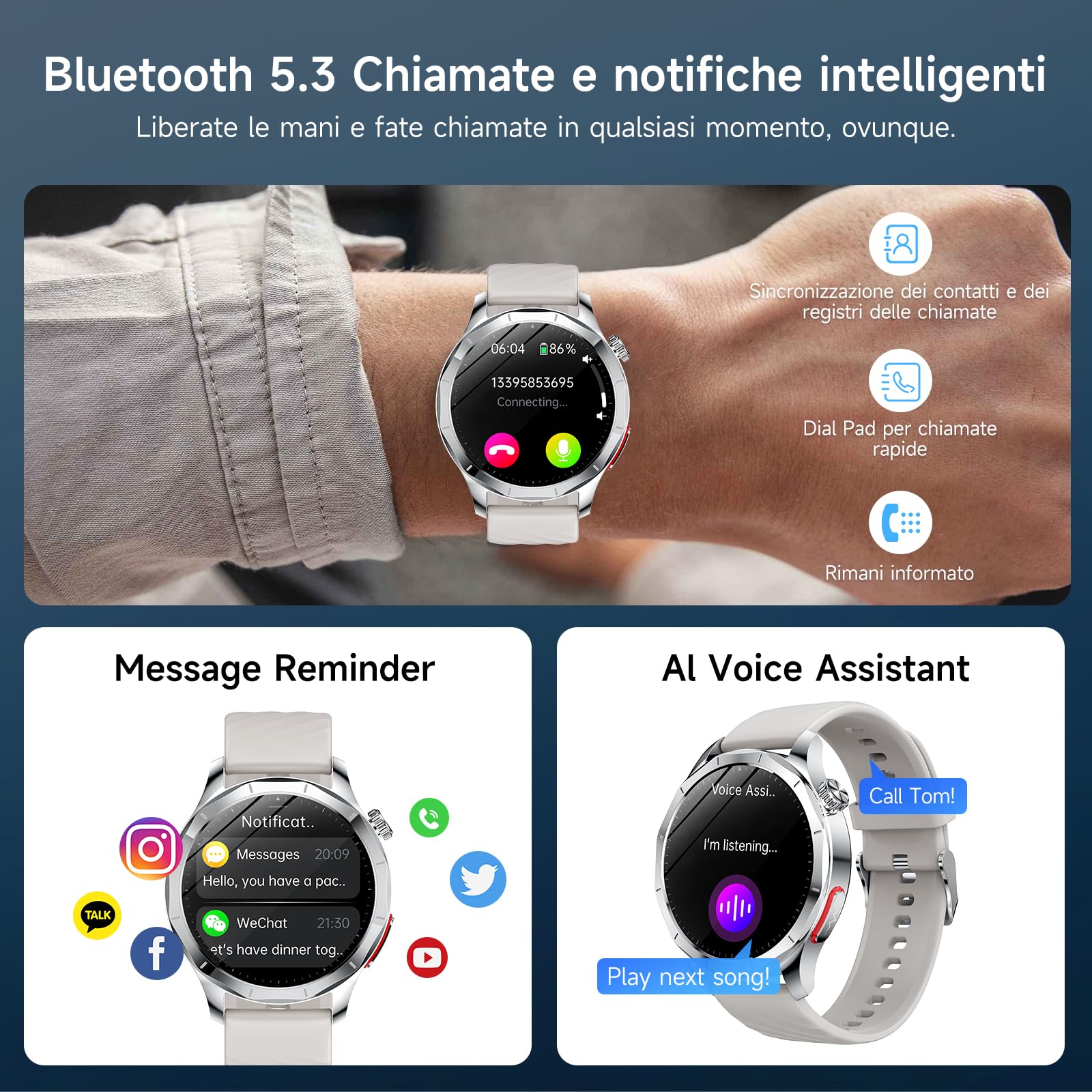 YUPENG Smartwatch ECG Uomo, 1.43" AMOLED Orologio 𝐆li𝐜𝐞m𝐢𝐚/HRV//Acido Urico/Lipidi, 24H Pressione Sanguigna, Cardiofrequenzimetro, Sonno, Chiamate, SOS, IP68 Fitness Tracker per Android e iOS