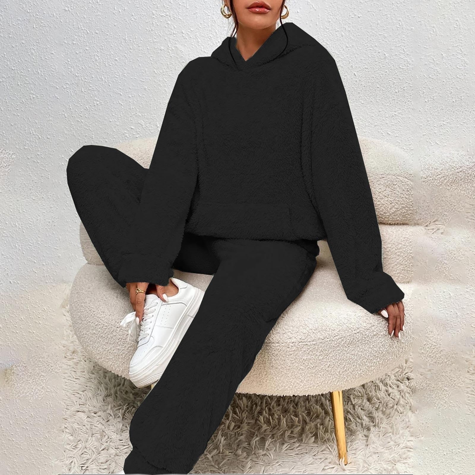 Traje de casa para mujer de 2 piezas, traje de casa de forro polar, pijama largo para mujer, conjunto de chándal de invierno, traje de cuerpo completo, traje de ocio, elegante, pantalón largo