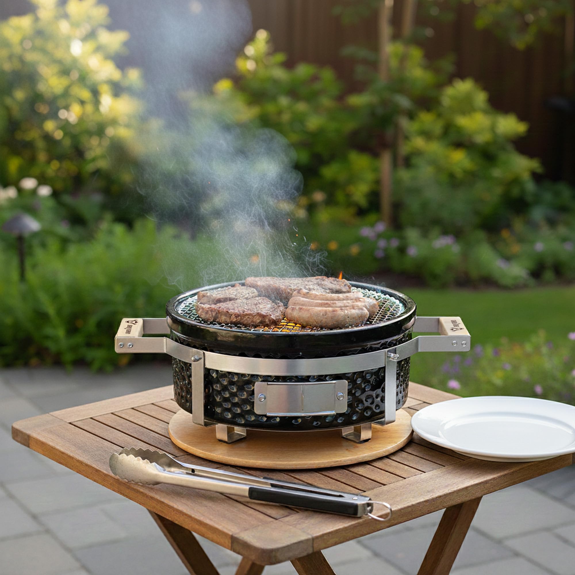 BBQ-Toro Barbecue da tavolo in ceramica, rotondo, diametro 29,5 cm, con base in legno, Hibachi, barbecue in ceramica, barbecue a carbonella, barbecue da tavolo senza elettricità, raclette giapponese