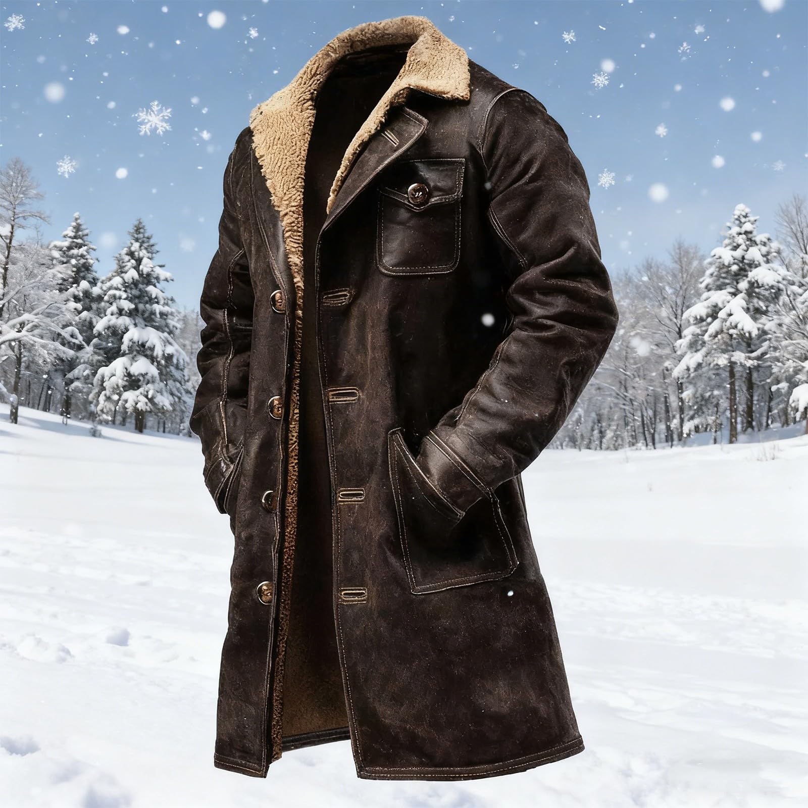 Ledermantel Herren Winter Stilvoll Fell Wintermantel Herren Lang Mantel Gefüttert Vintage Kunstleder Winterjacke Elegant Warm Trenchcoat Leder Fleece Lederjacke mit Fellkragen