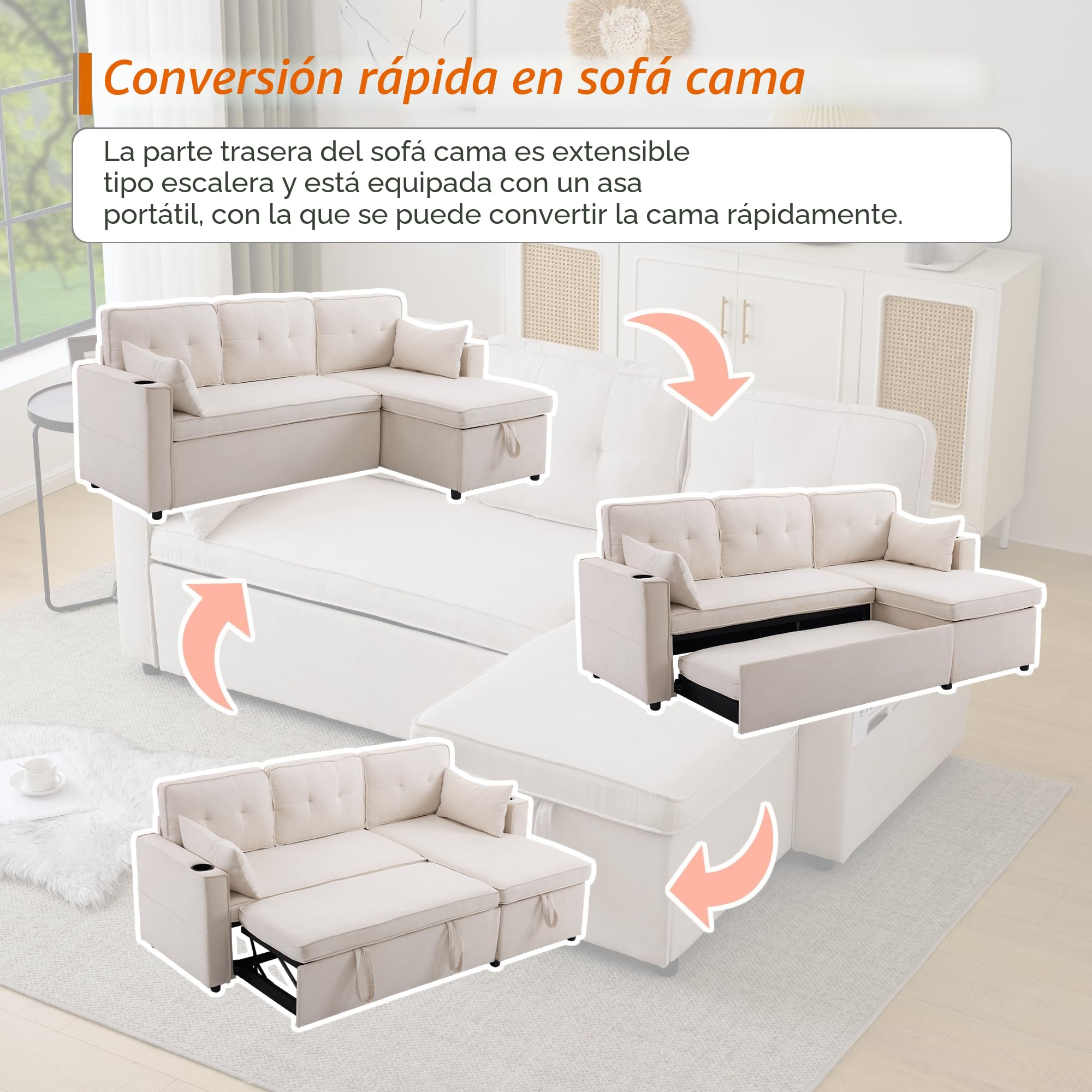 Sofá y cama en forma de L, sofá-cama con función de dormir, 3 plazas, diseño moderno, muebles tapizados, con espacio de almacenamiento y soporte para bebidas