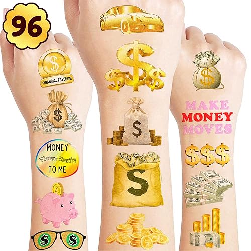 Miniatura 1 de 96 piezas de tatuajes temporales divertidos tatuajes para dinero, tarro de dinero, calcomanías con símbolos temáticos para decoración de fiesta de
