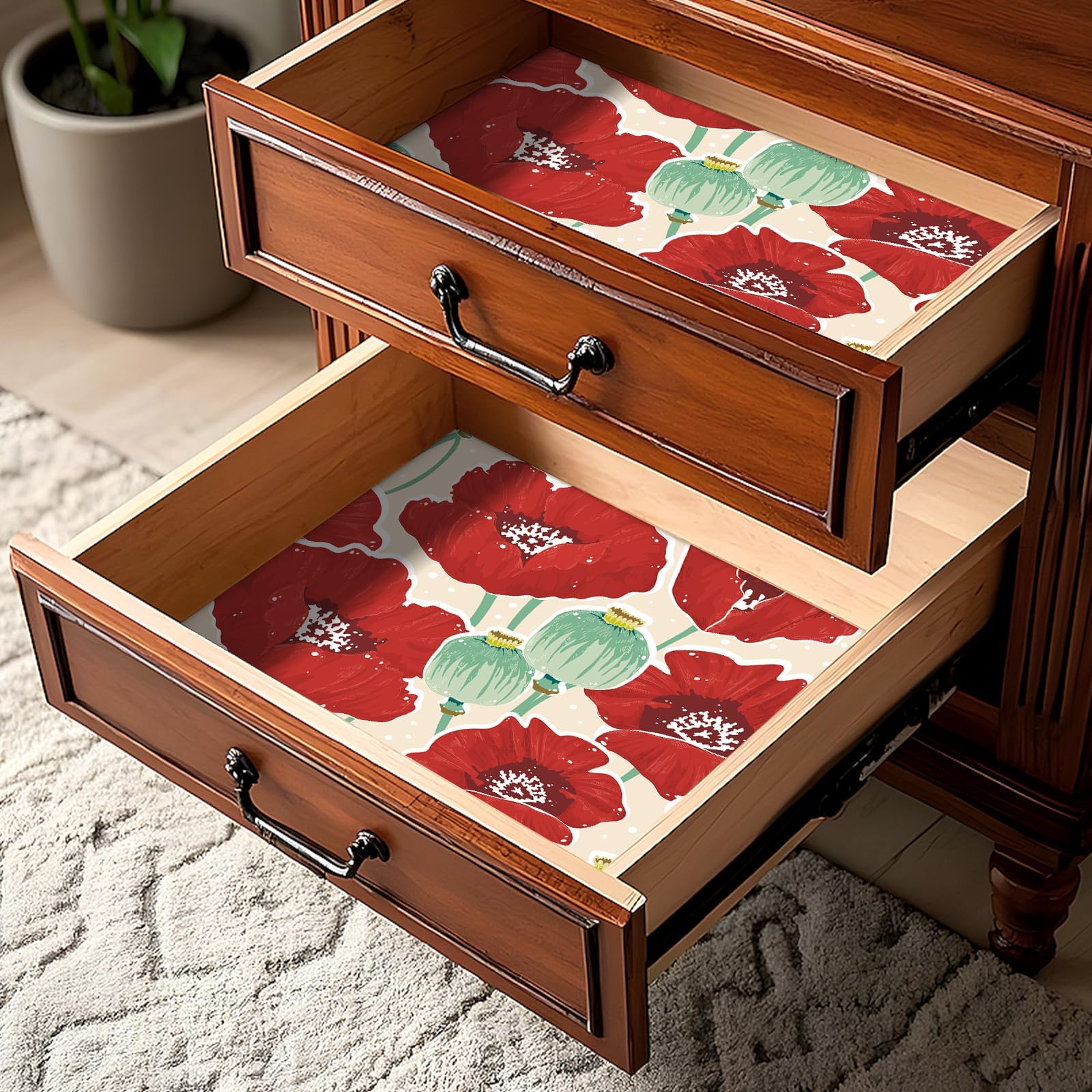 Stickyart Carta da Parati Fiori Rossi Impermeabile 44.5cmX200cm Adesivi Murali Papaveri Rossi Decorazioni Parete Soggiorno Carta Adesiva per Mobili Armadio Retro Pellicola Adesiva per Mobili Floreale