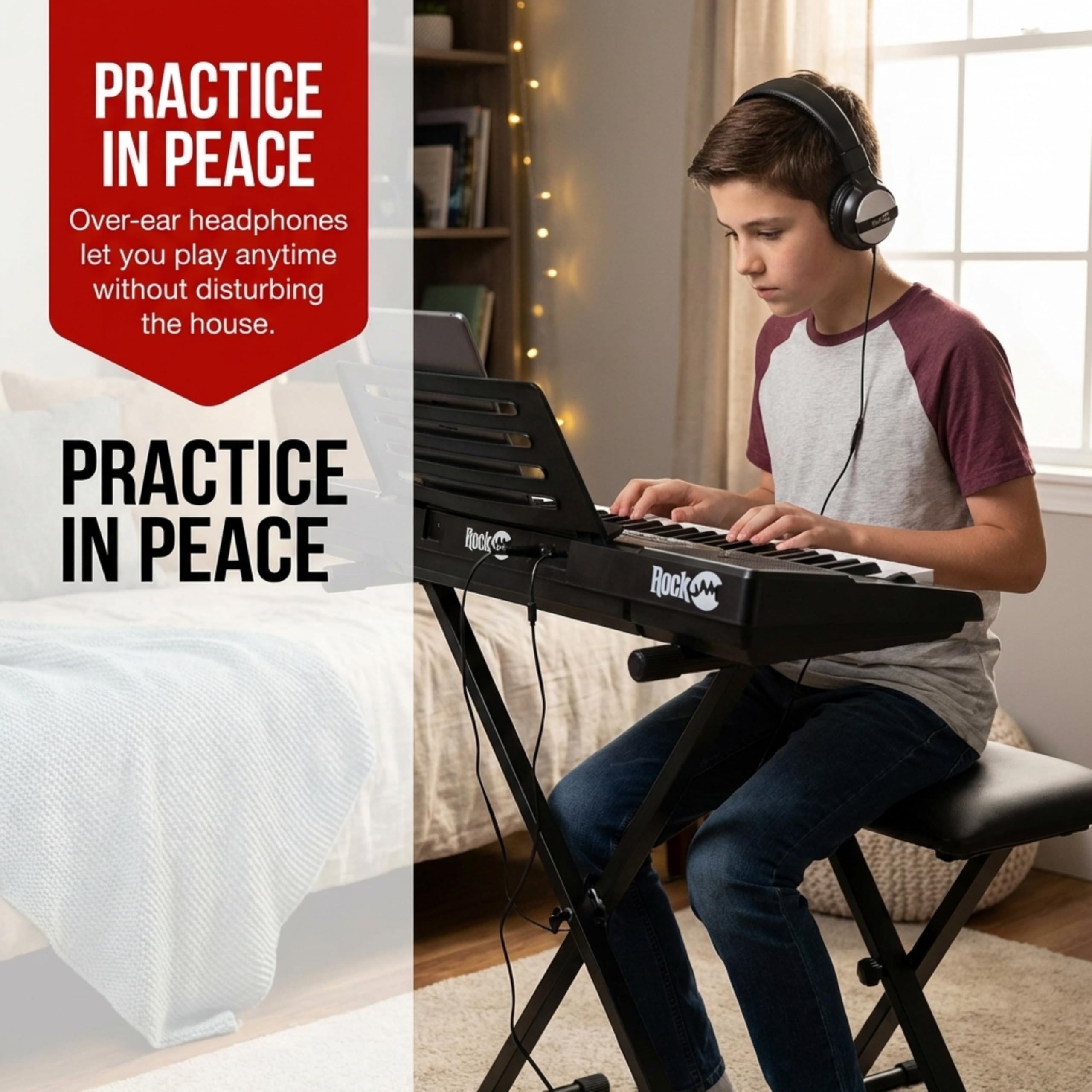 RockJam 61 Key Keyboard Piano Stand With Pitch Bend Kit, Piano Bench, Headphones, Simply Piano App & Keynote Stickers
