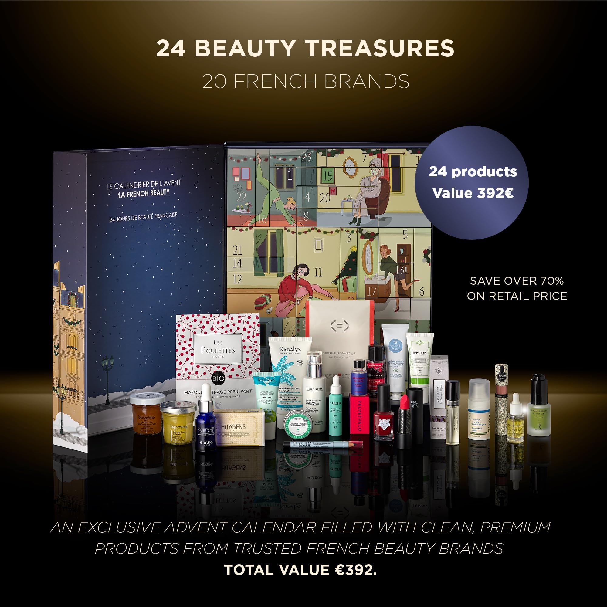 Zestaw upominkowy Beauty – 24 francuskie produkty kosmetyczne do twarzy, ciała i włosów oraz perfum i makijażu – 20 marek – wartość 392 € – wyprodukowano we Francji