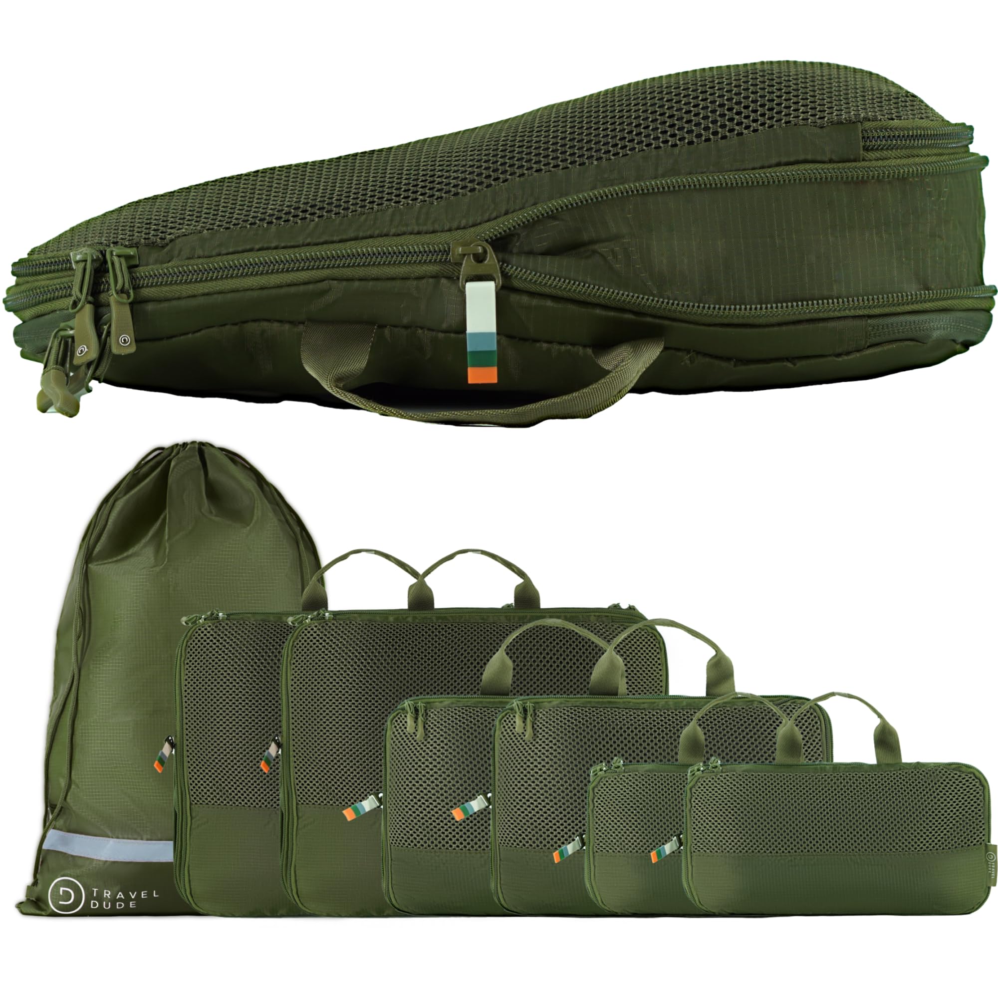 TRAVEL DUDE Organizer Valigia con Compressione – Packing Cubes Salvaspazio da Viaggio, Set Organizer per Valigia e Zaino, Divisori Valigia, Sacchetti da Viaggio per Abiti (Verde Foresta, Set di 7)