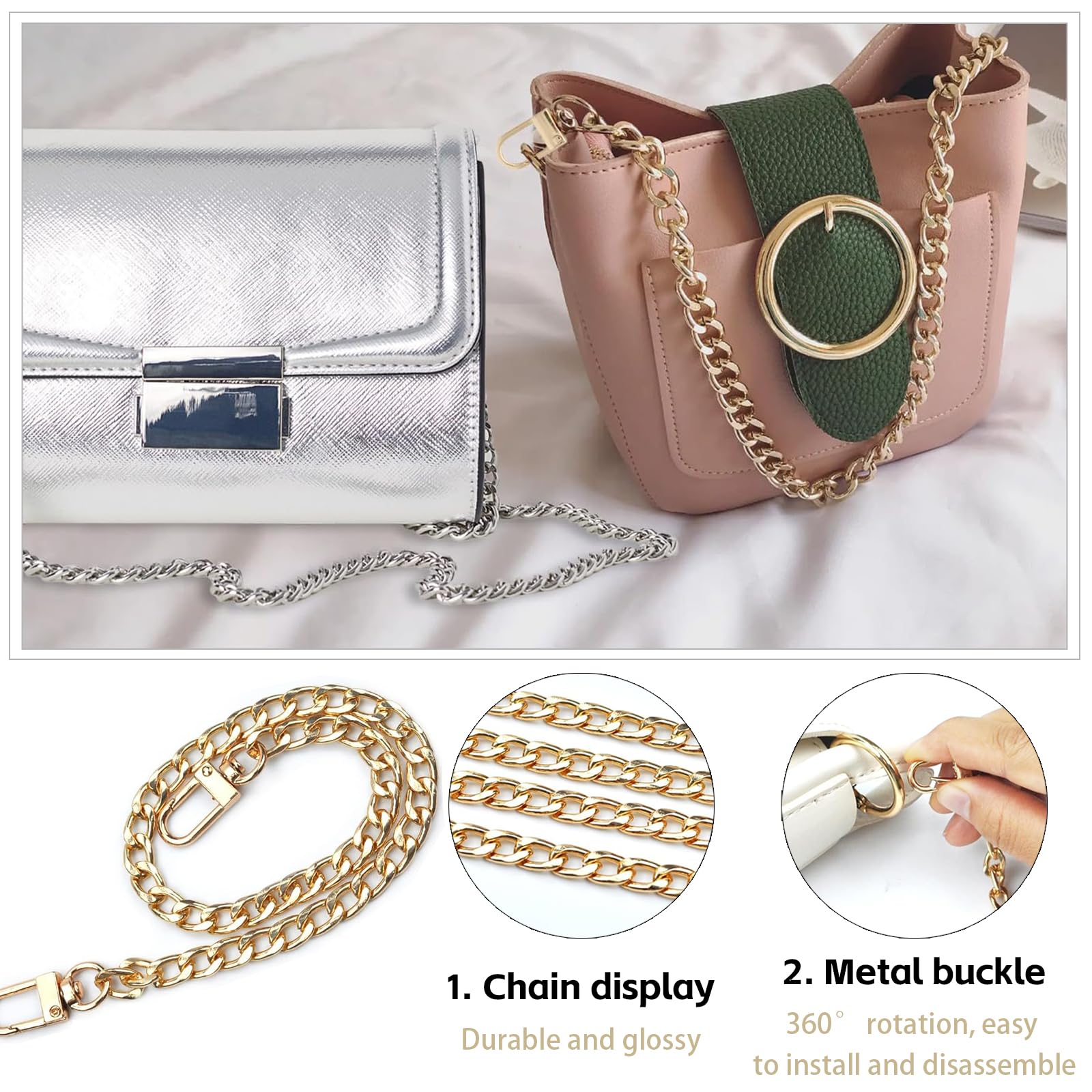4 Pièces Chaîne Sac à Main Dorée 40cm 80cm 100cm 120cm - Chaînes Métalliques Avec Boucles Pivotantes 360° Pour Sac Bandoulière DIY