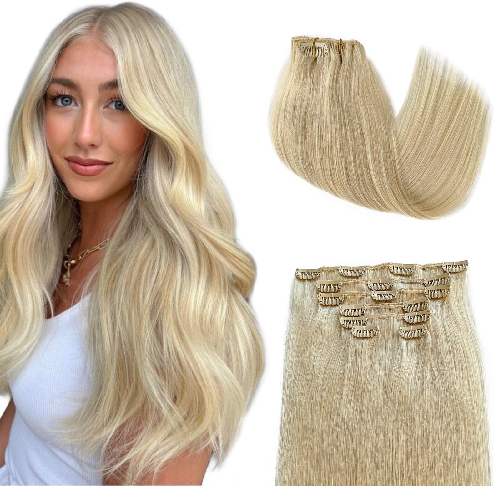 Clip in Hair Extensions #60 Platinum Blonde Straight Soft Hair Extensions Real Human Hair Clip on 18 Inch Fine Blonde Human Hair Extensions Clip ins for Thickness