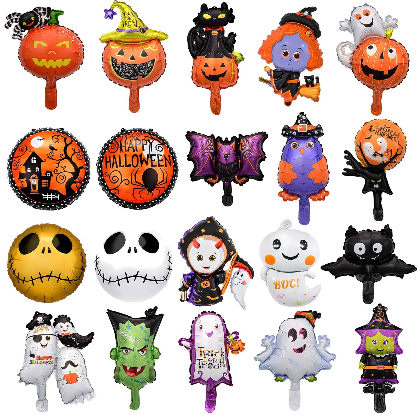20 Pcs Halloween Foil Balloons Party Decorations for Kids Happy Halloween Night - Helium Balloons with Pumpkin,Witch,Skeleton,Ghost,Spider,Bat