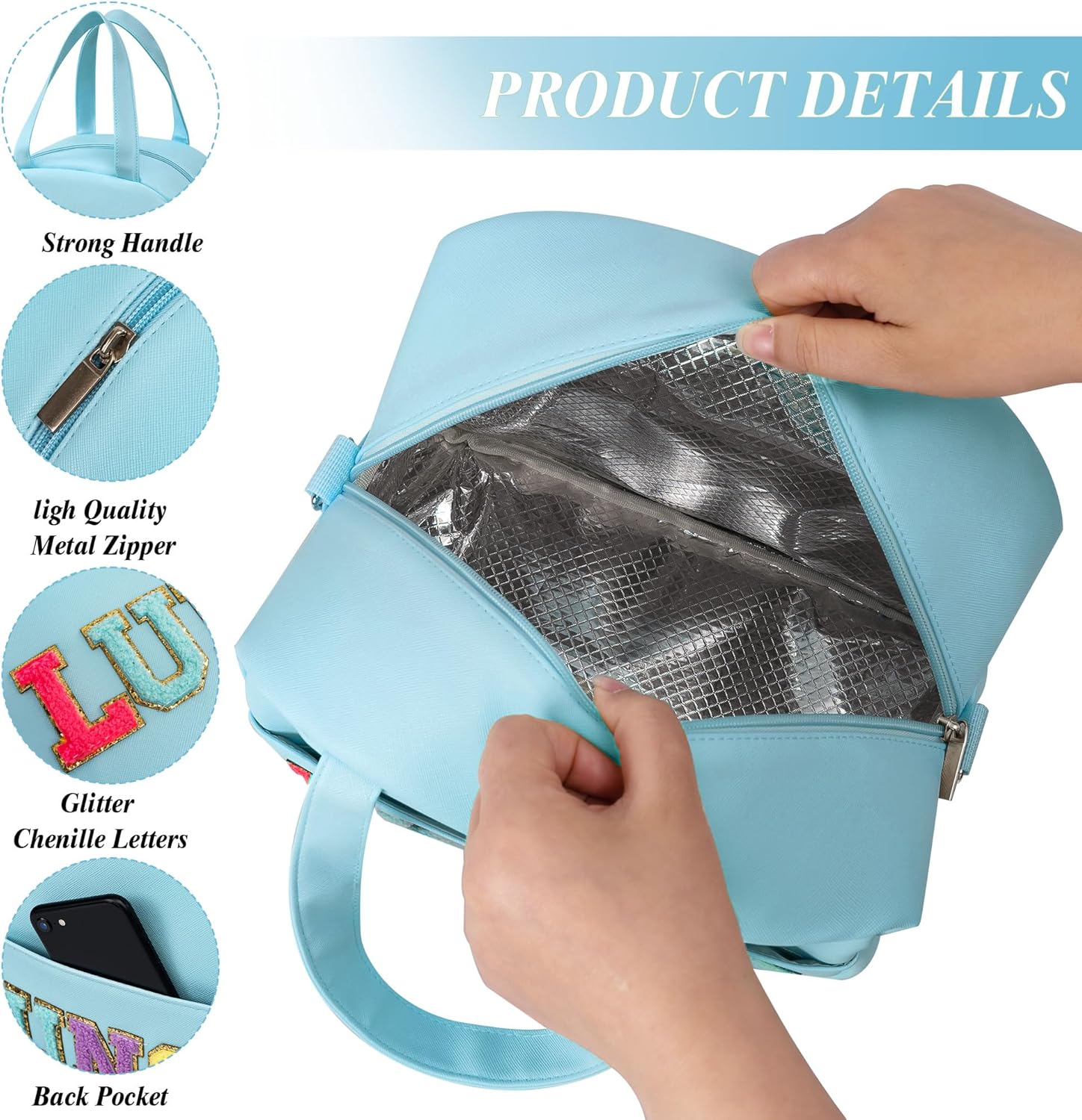 Lunch Bag for Women Personalized Insulated Lunch Box for Adults with Adjustable Shoulder Strap Cute Reusable Freezable Lunchbox Cooler Tote for Office Work Picnic Beach (Blue) - Image 5