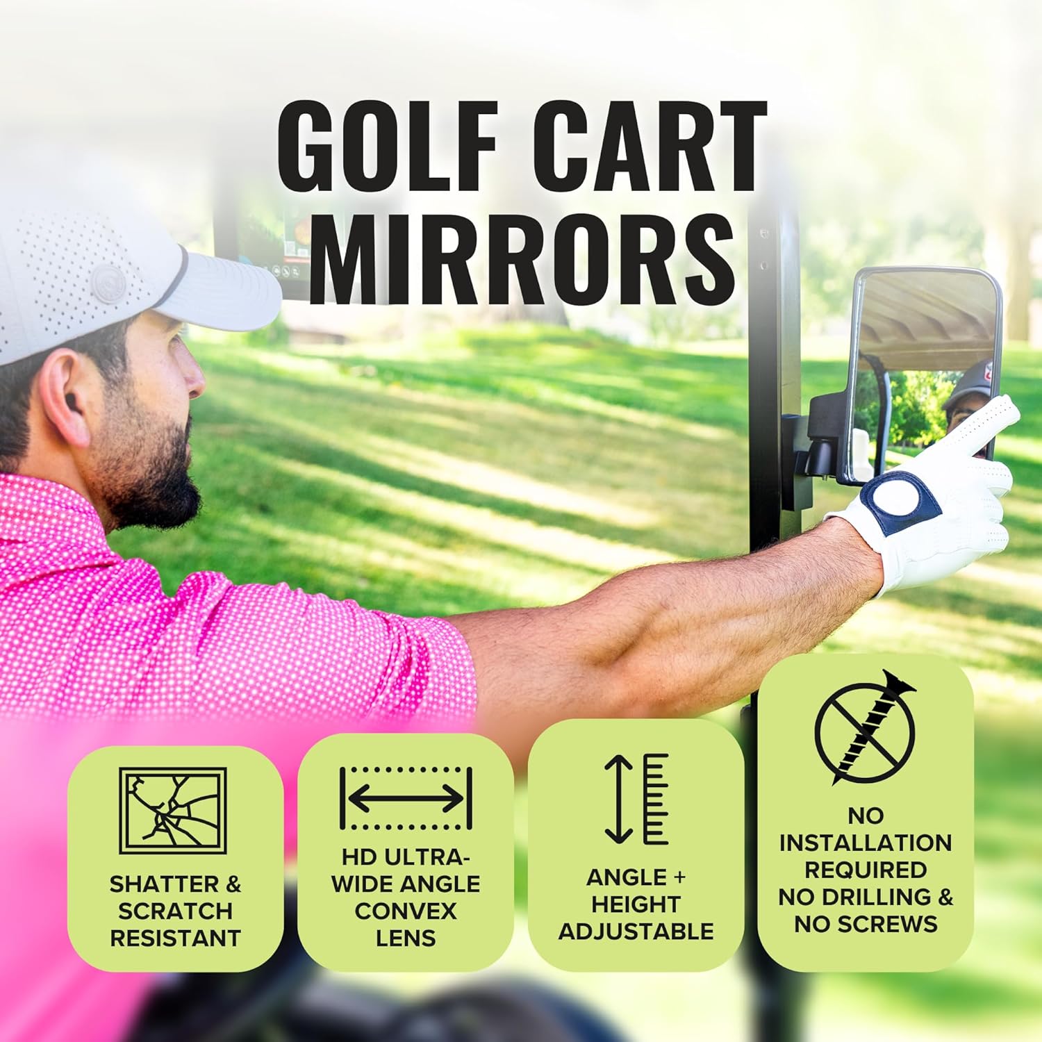 Stripebird - Magnetic Golf Cart Mirrors 2.0 (Black) - No Drilling - Ultra-Strength Magnet - 2 Folding Side Mirrors - EZ Go Accessory - Club Car Accessory - Golf Cart Accessory
